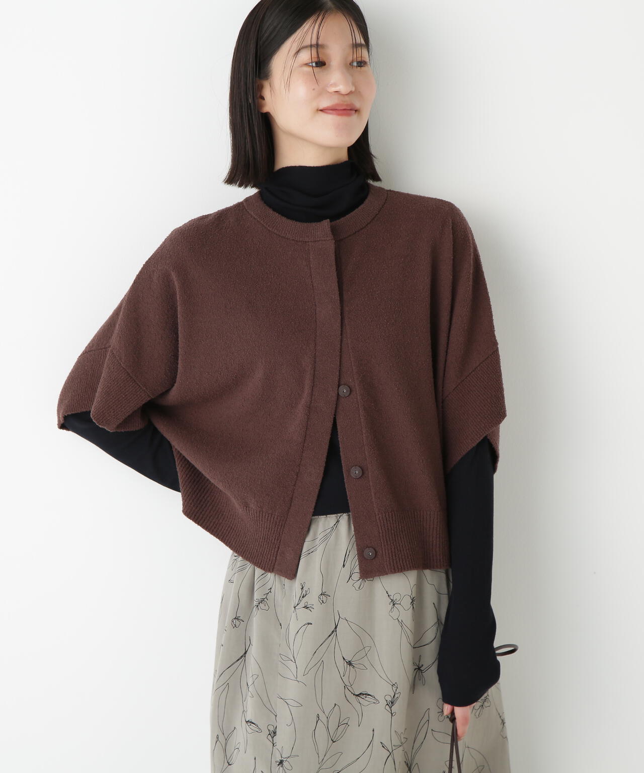 綿ナイロンブークレ半袖カーディガン