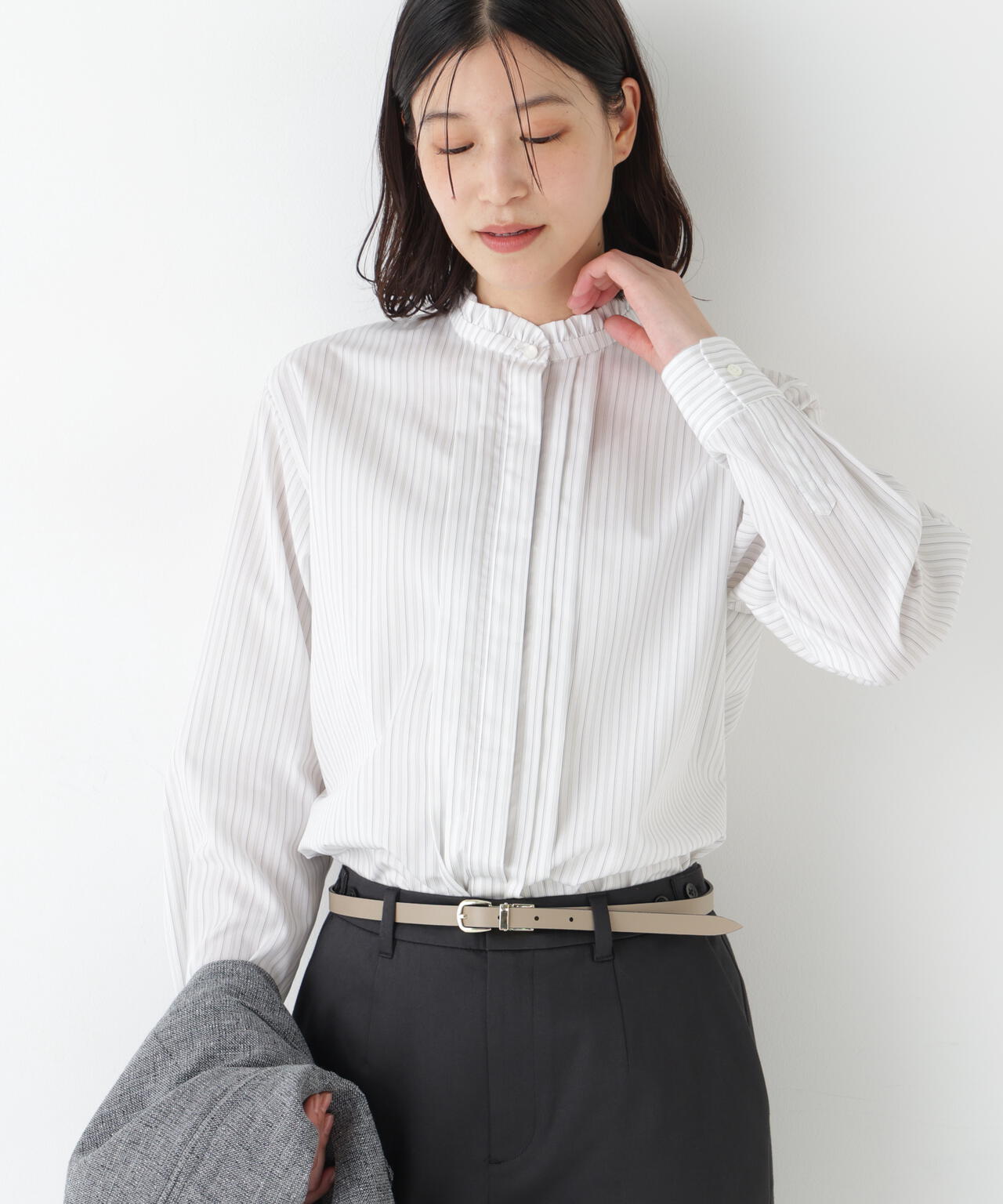 先染めストライプスタンドフリルブラウス