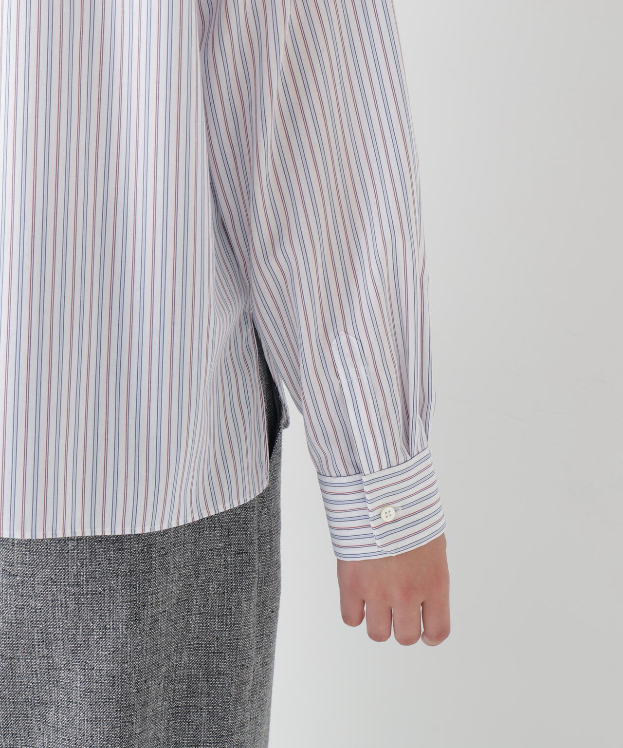 先染めストライプスタンドフリルブラウス