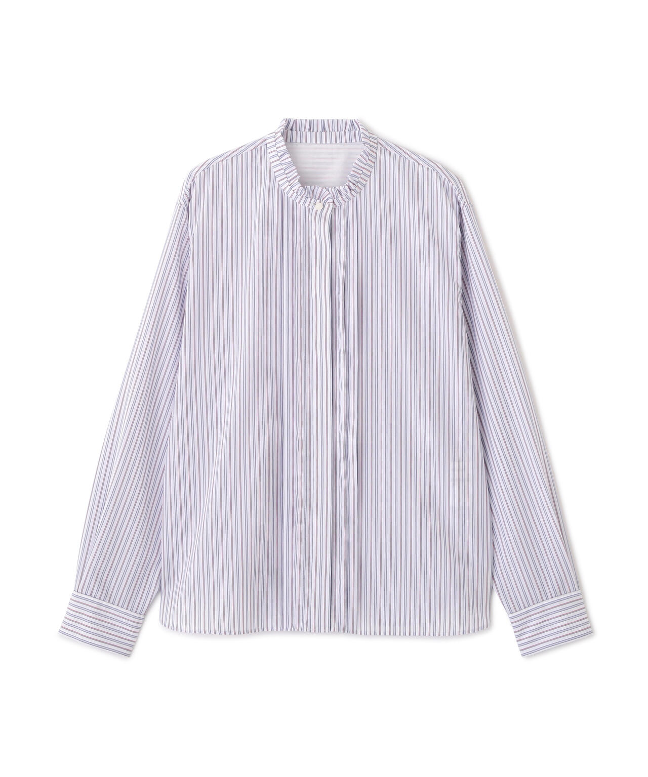 先染めストライプスタンドフリルブラウス