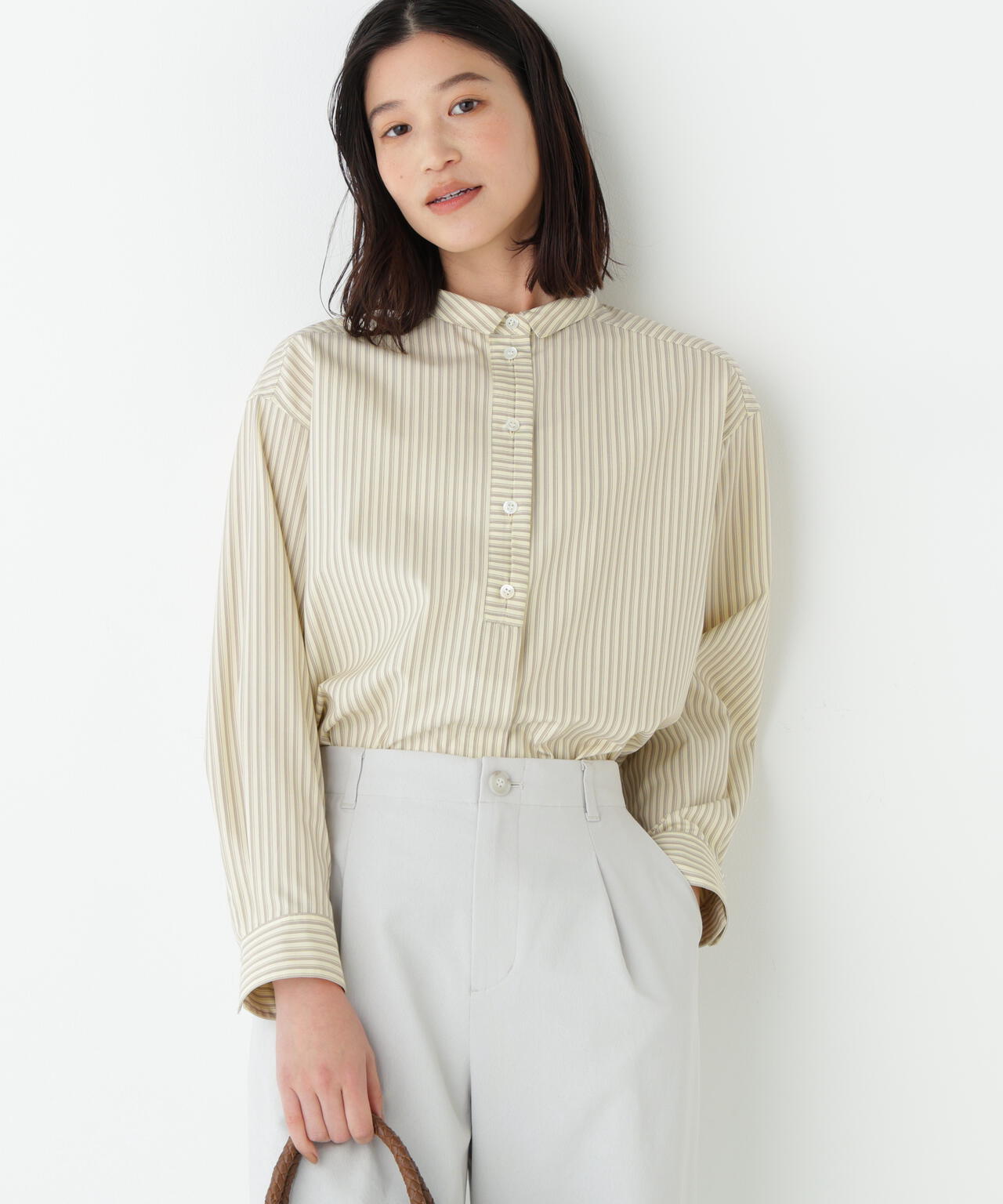 《形態安定 / 洗える》コットンストライプボックスブラウス