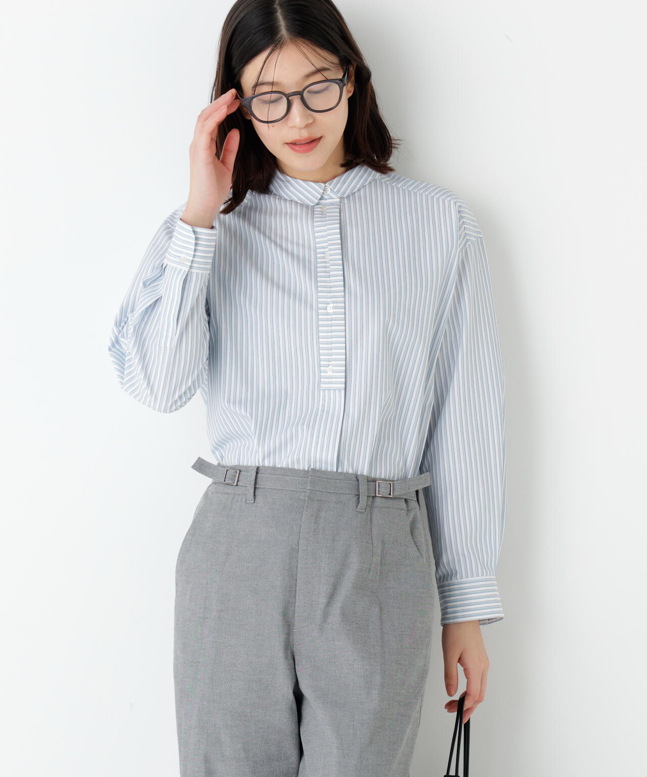 《形態安定 / 洗える》コットンストライプボックスブラウス