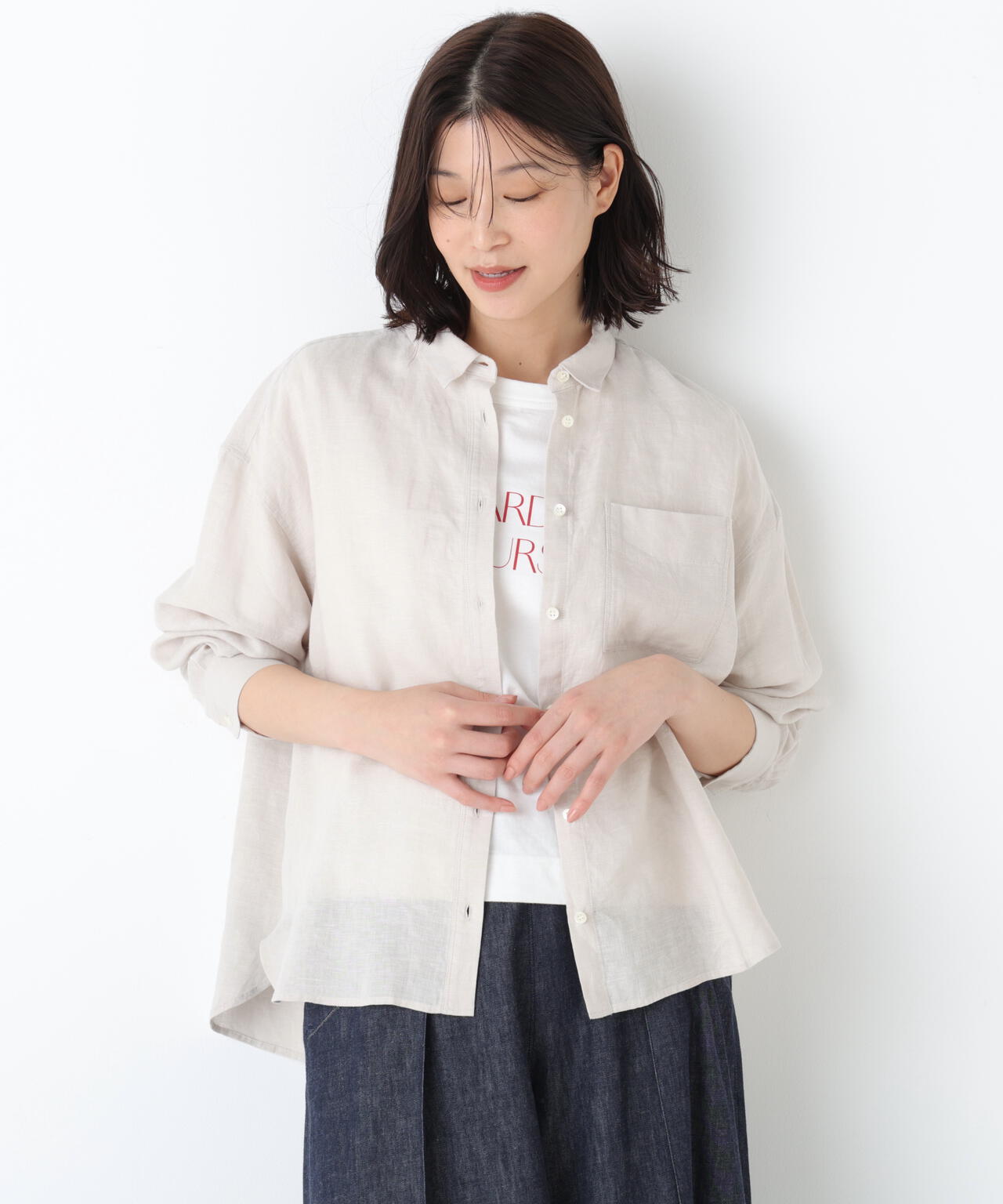 新品タグ付き★　ヒューマンウーマン　リネンフリルカラーブラウス human woman（ヒューマンウーマン） ブラウス シャツ ドビーストライプ