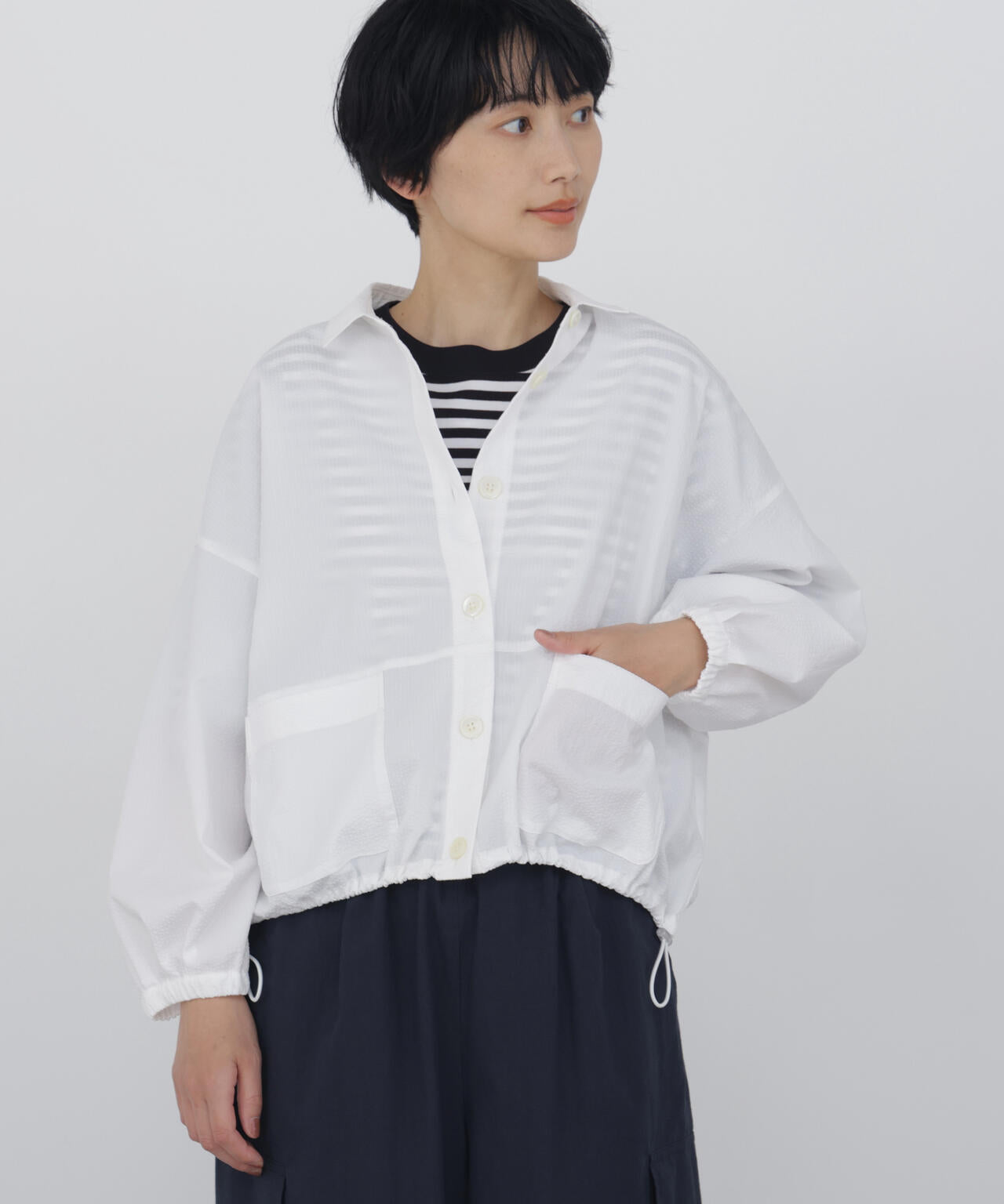 MUスポーツ★薄手ストレッチ★シャツ【レディース サイズ42（L）】 洗える》サッカーシャツ羽織り | human woman（ヒューマンウーマン