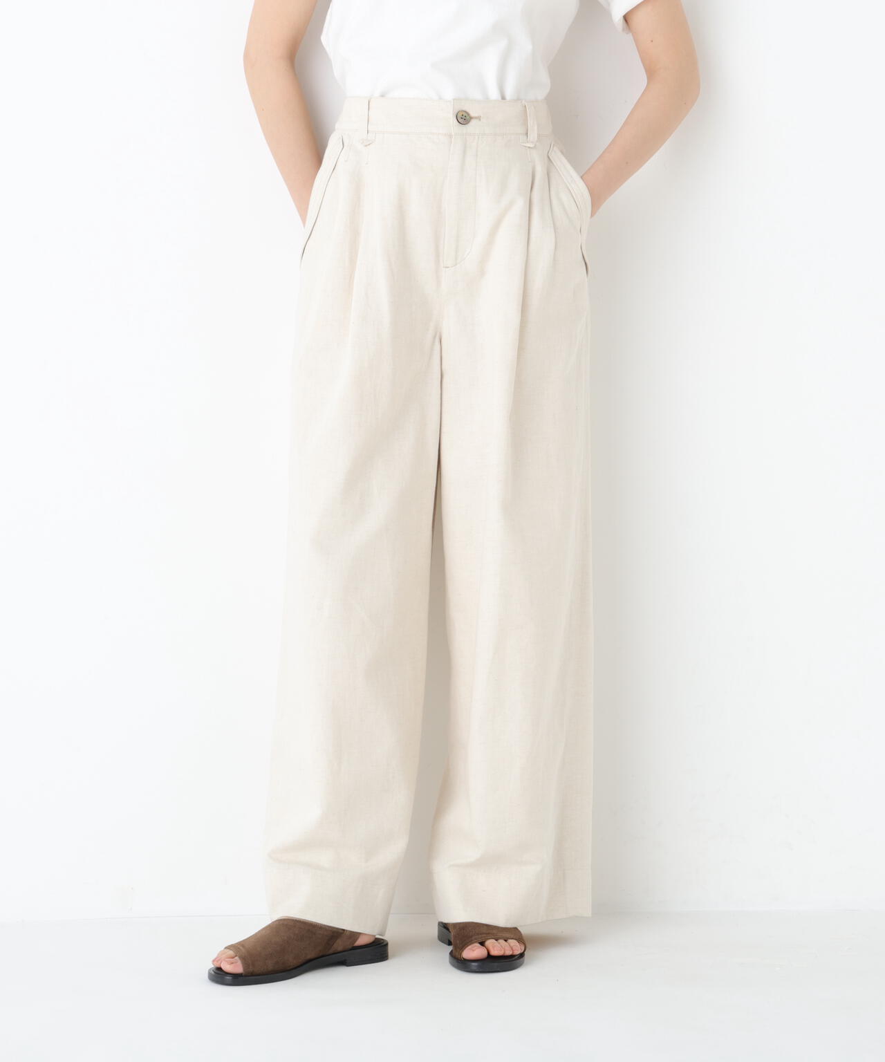 《洗える》綿麻ライトオンスデニムワイドパンツ