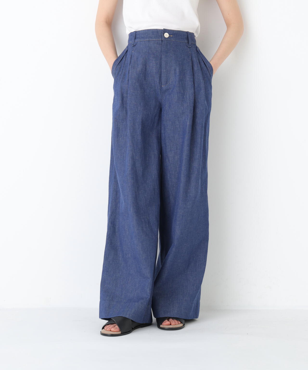 《洗える》綿麻ライトオンスデニムワイドパンツ