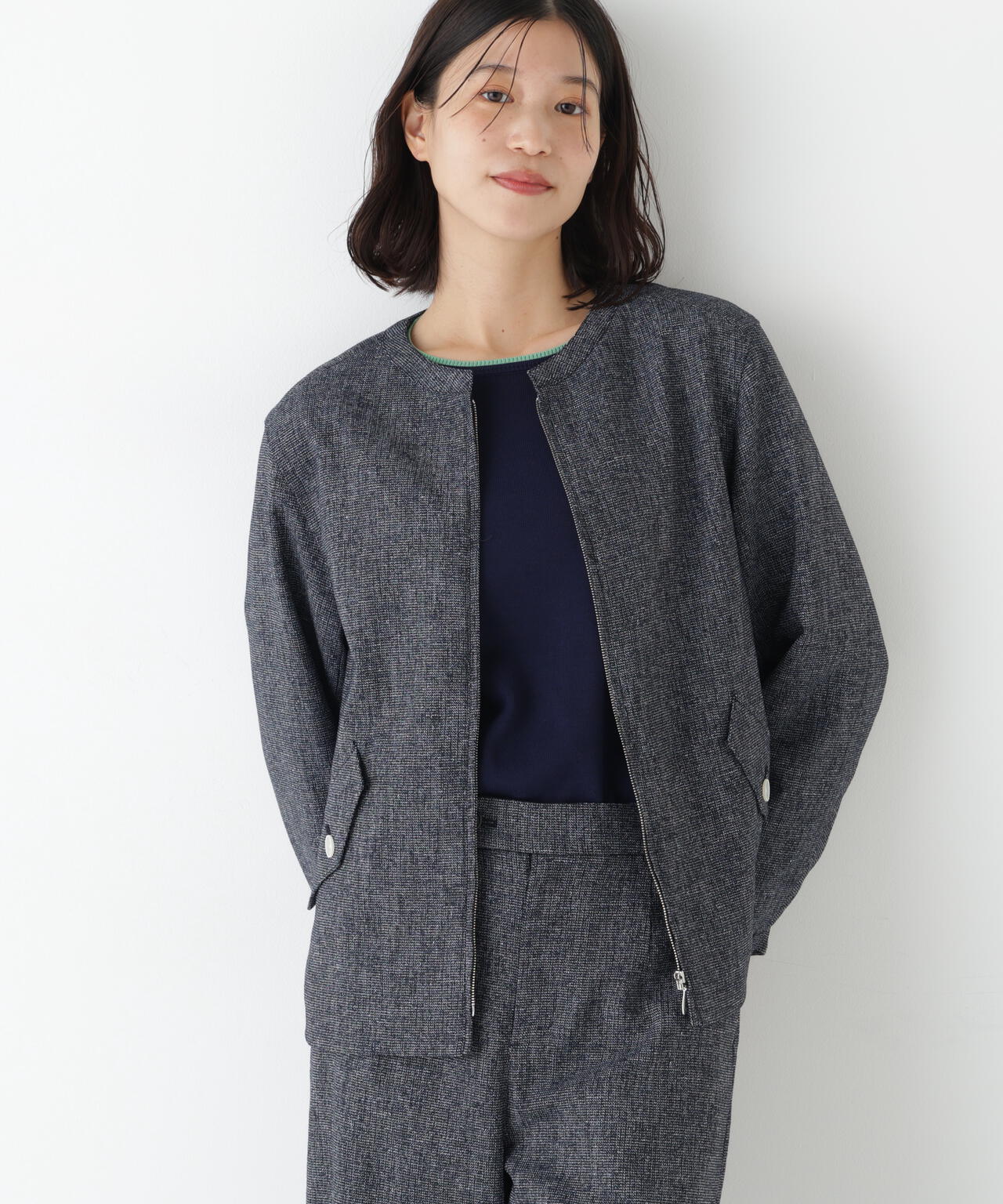 リングツィードノーカラーブルゾン