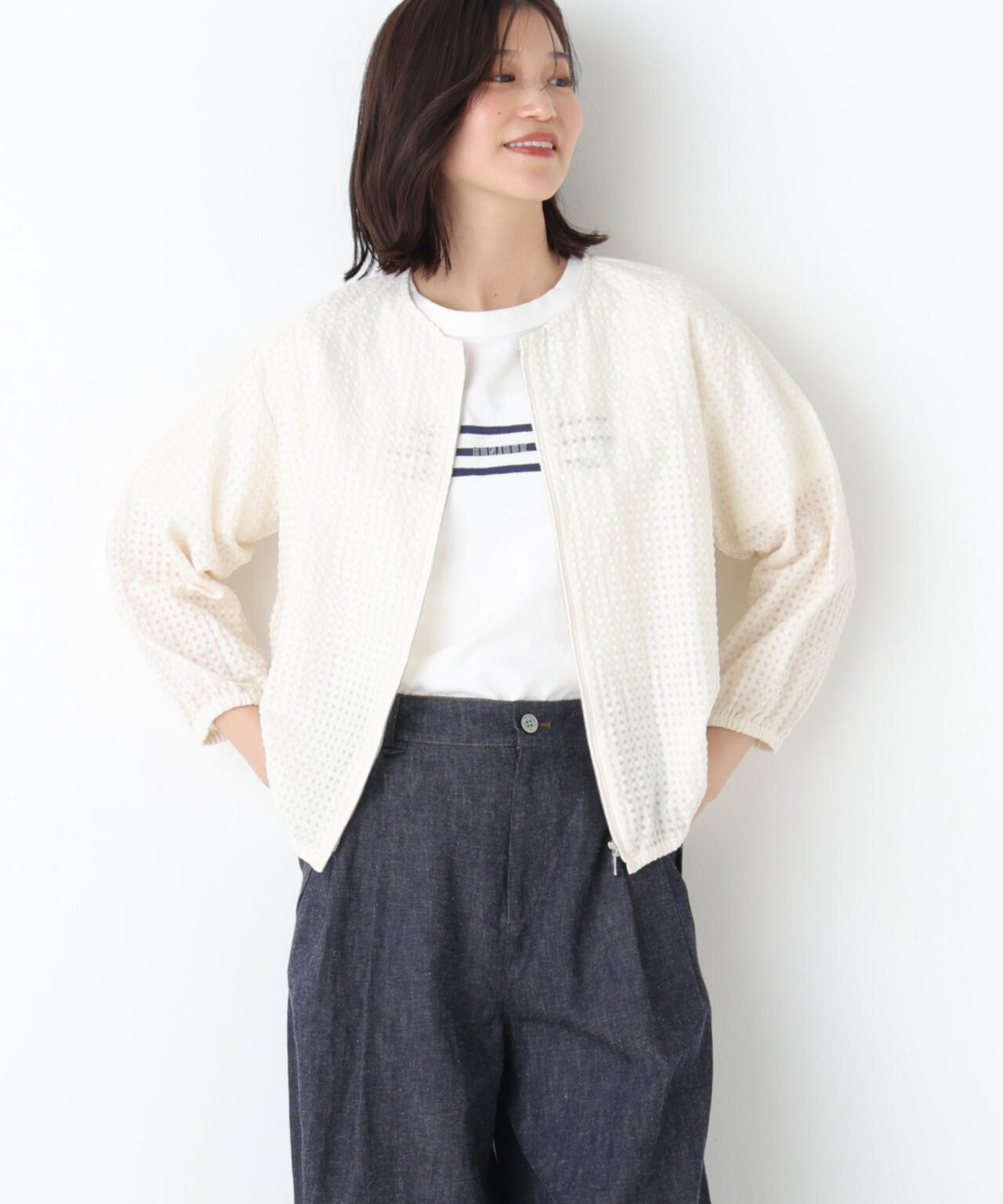 《洗える》ラッセルチェックレースジップブルゾン