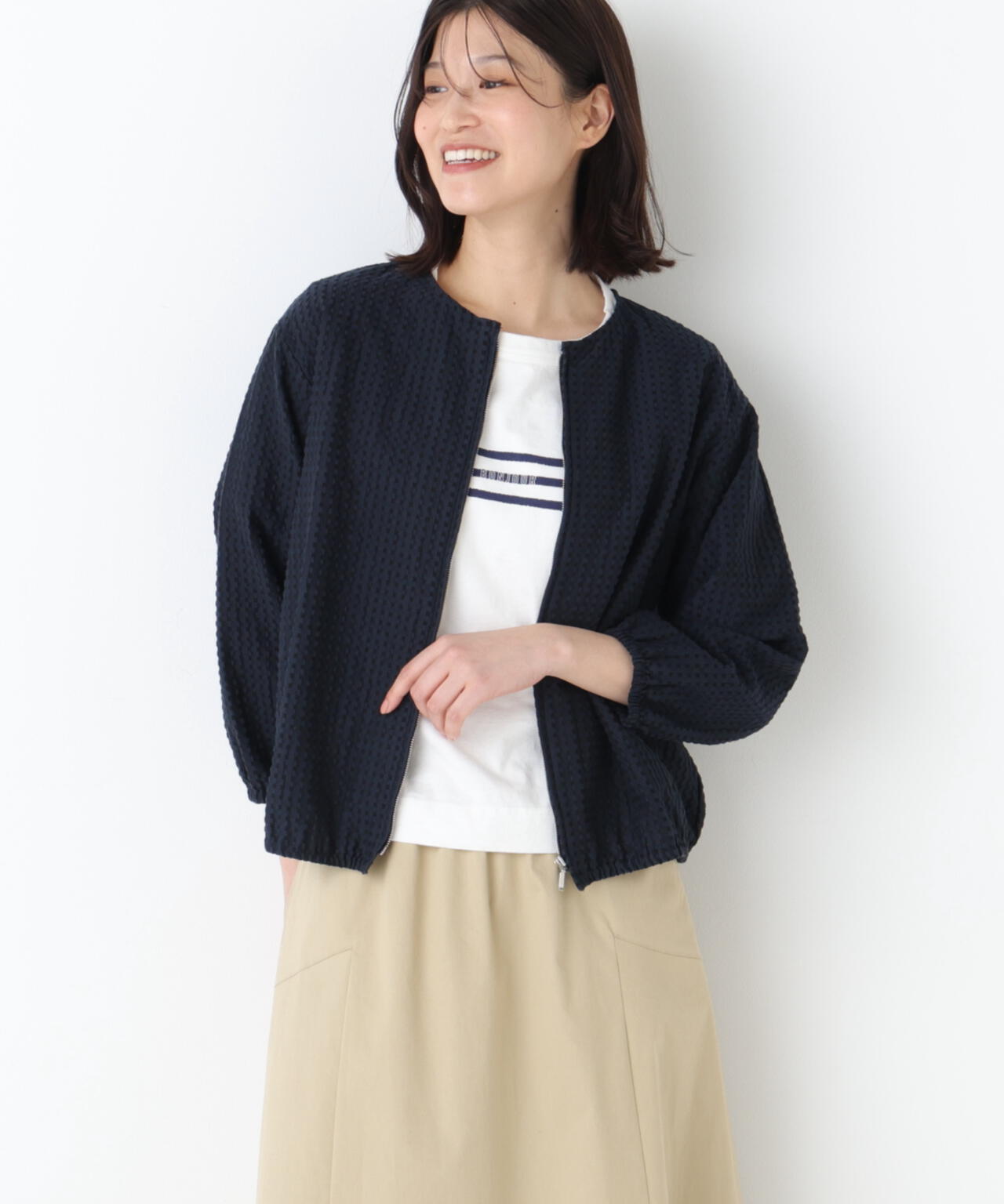 《洗える》ラッセルチェックレースジップブルゾン