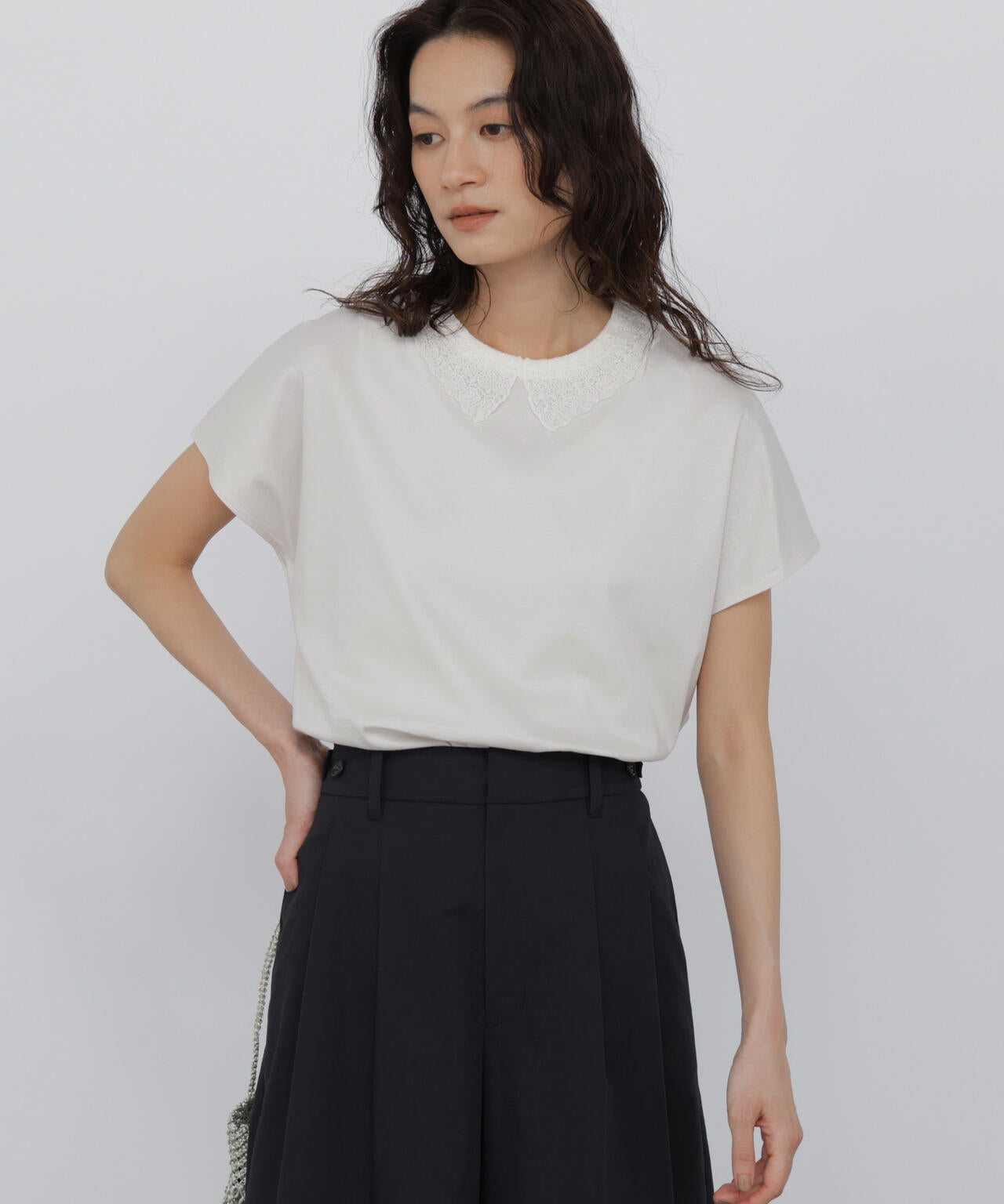 洗える》レース衿スムースTシャツ | human woman（ヒューマンウーマン