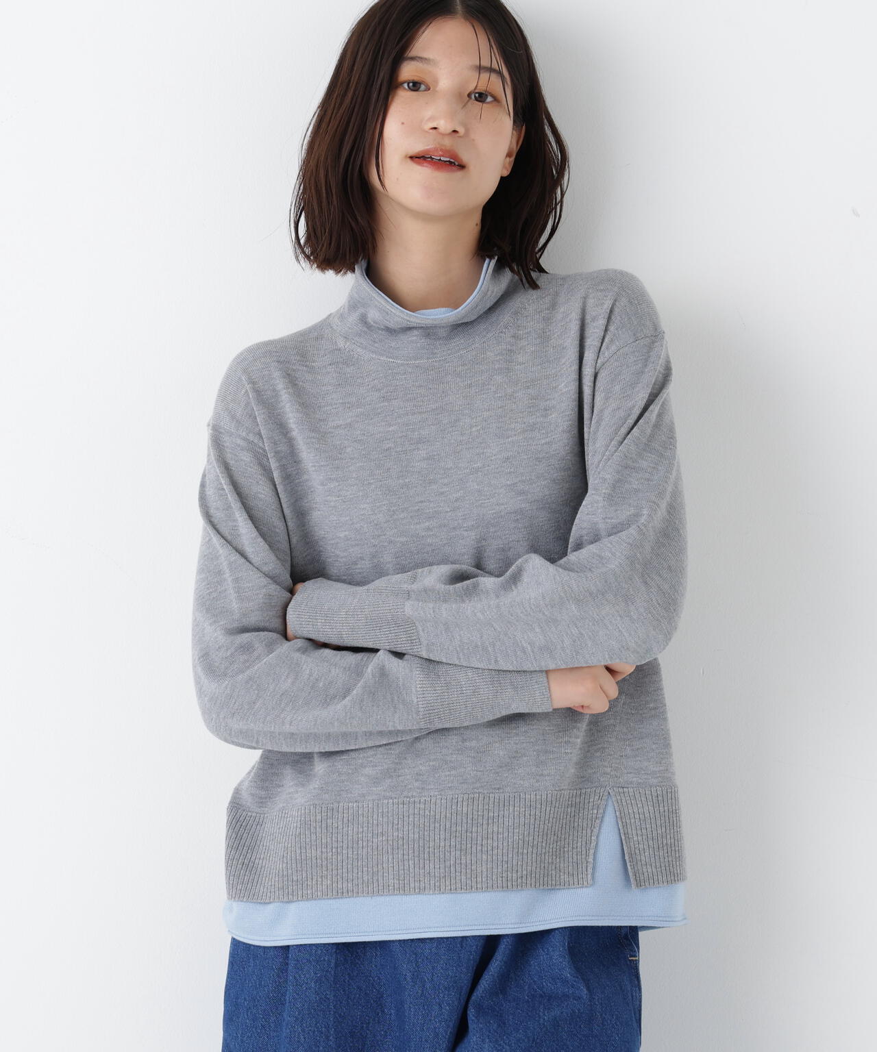 洗える》ウールMIXハイゲージバイカラーレイヤード タートルニット