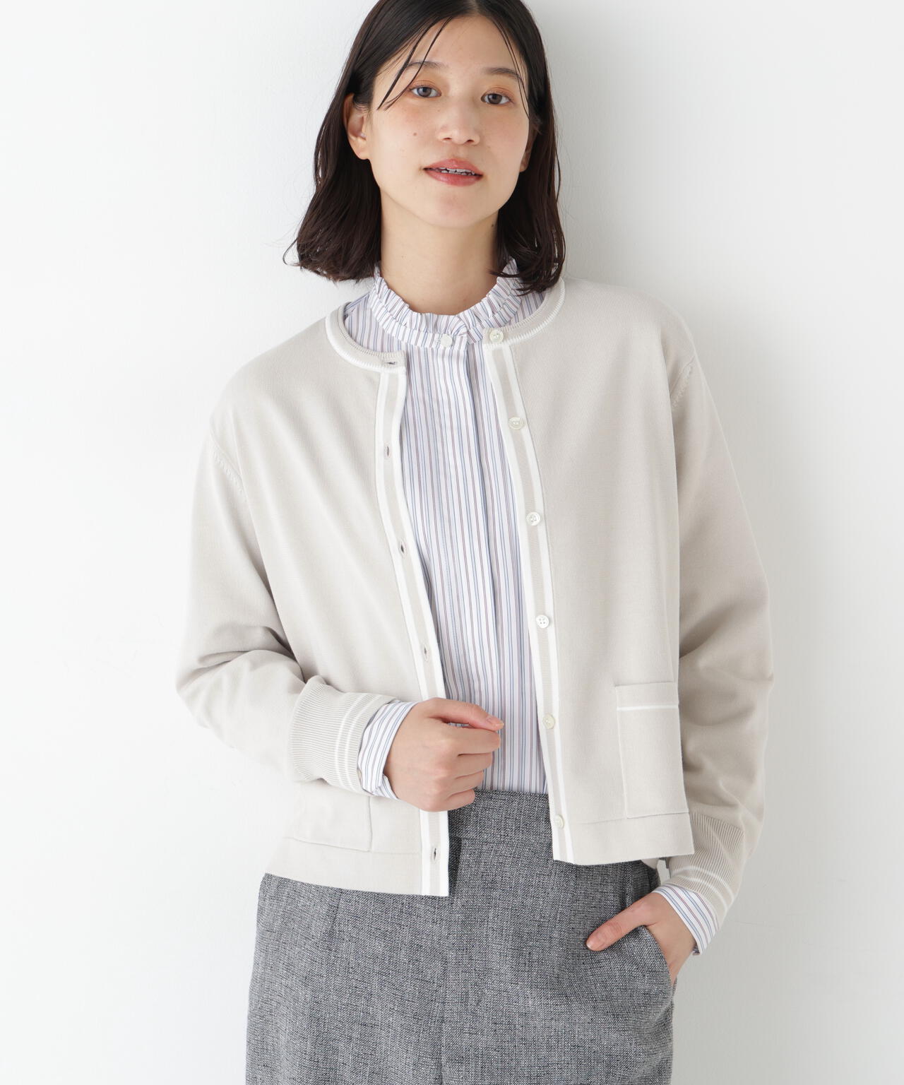 オーガニックコットン混プレーティングライン入カーディガン