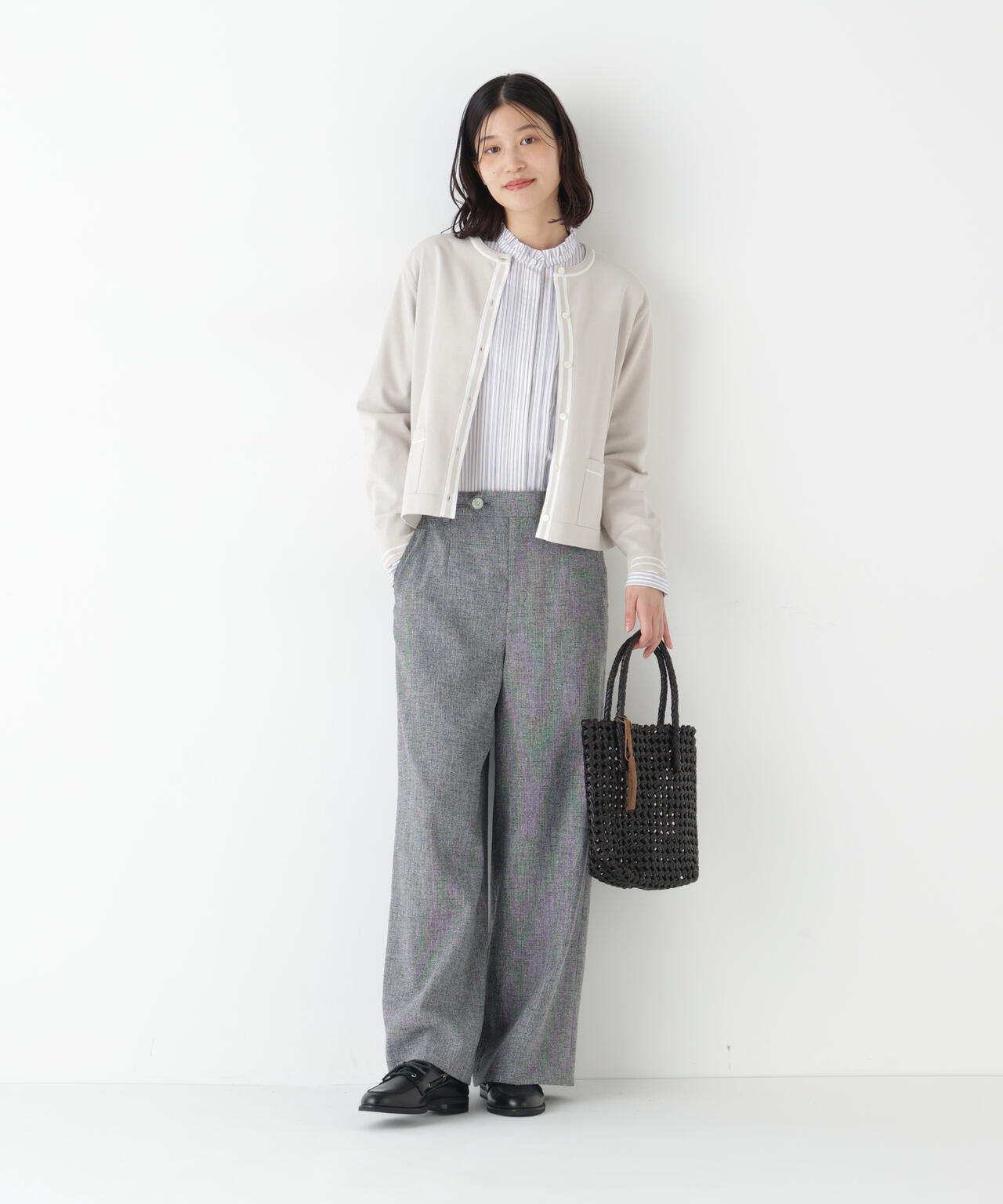 オーガニックコットン混プレーティングライン入カーディガン