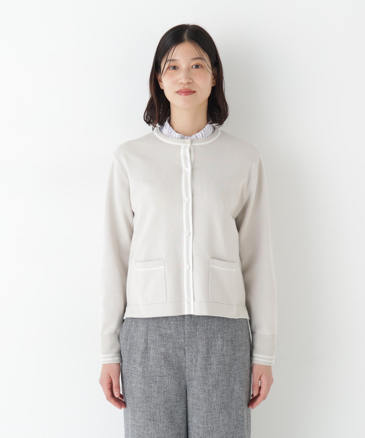 オーガニックコットン混プレーティングライン入カーディガン