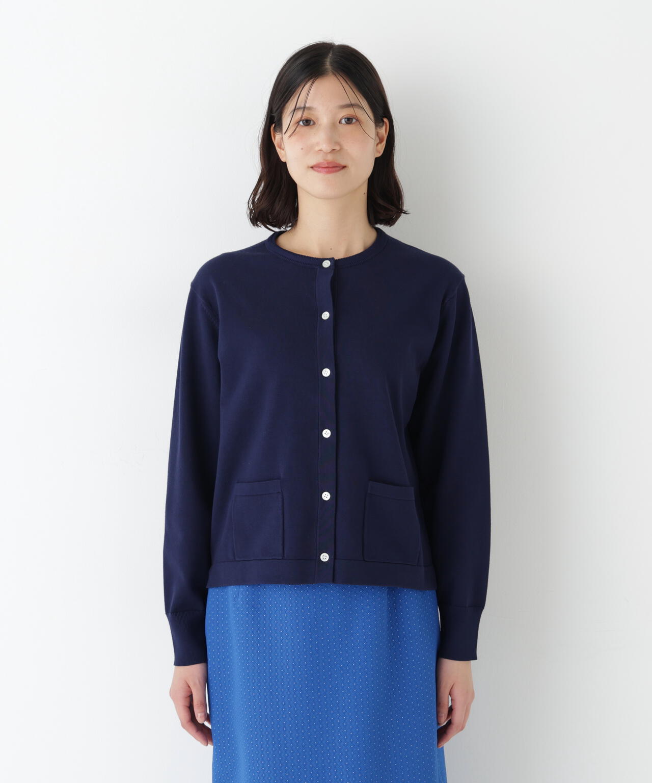 オーガニックコットン混プレーティングライン入カーディガン