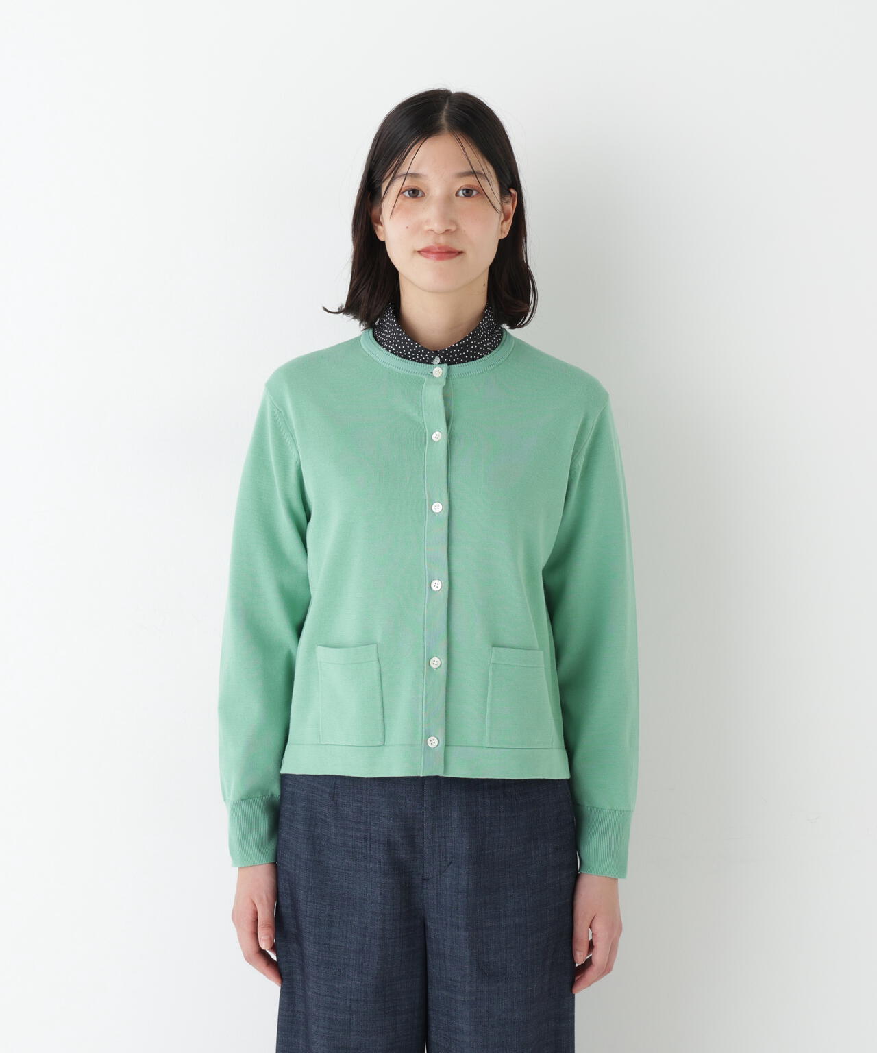 オーガニックコットン混プレーティングライン入カーディガン