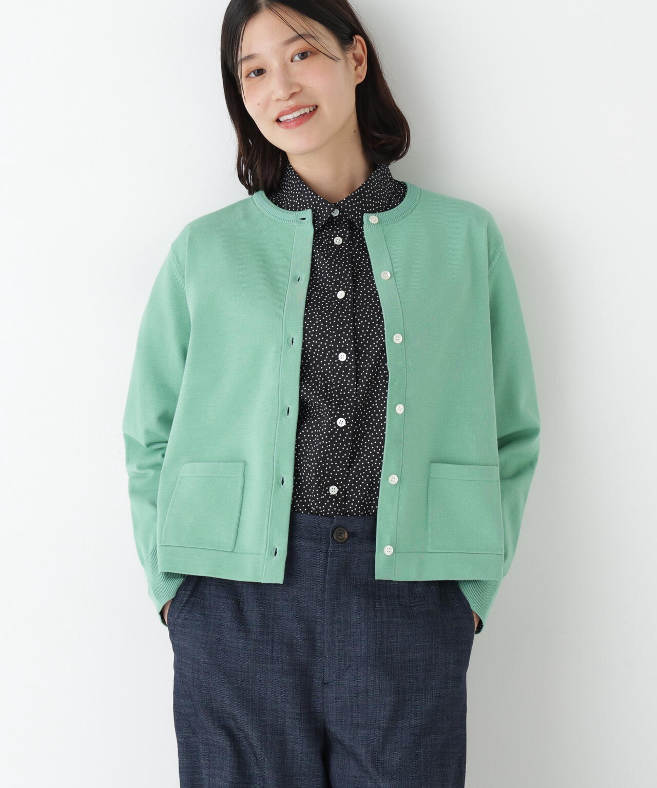 オーガニックコットン混プレーティングライン入カーディガン