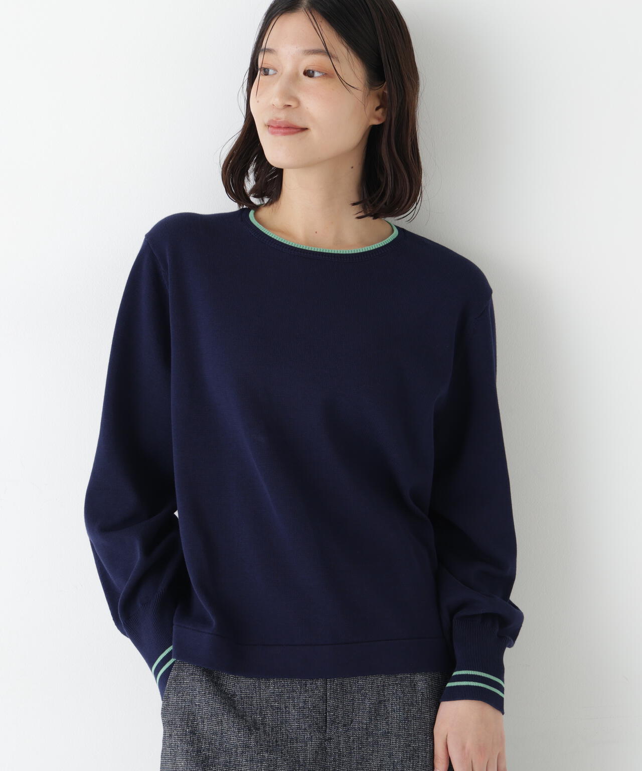 ≪オーガニックコットン混 / 洗える≫ライン入りニットプルオーバー