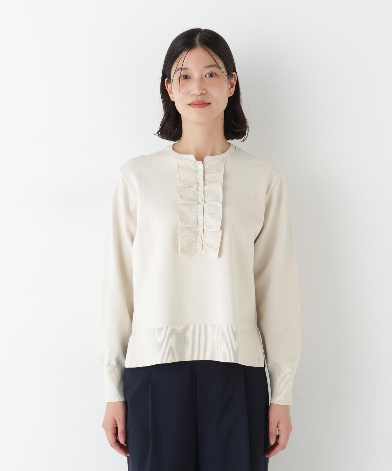 オーガニックコットン混プレーティング前立フリルプルオーバー