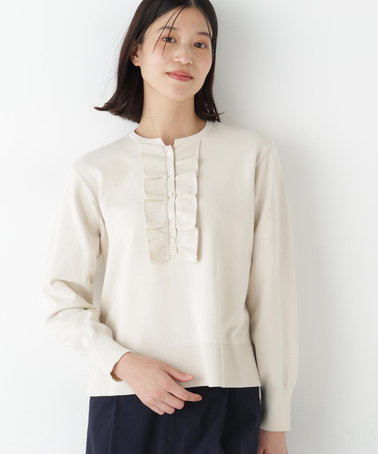 オーガニックコットン混プレーティング前立フリルプルオーバー