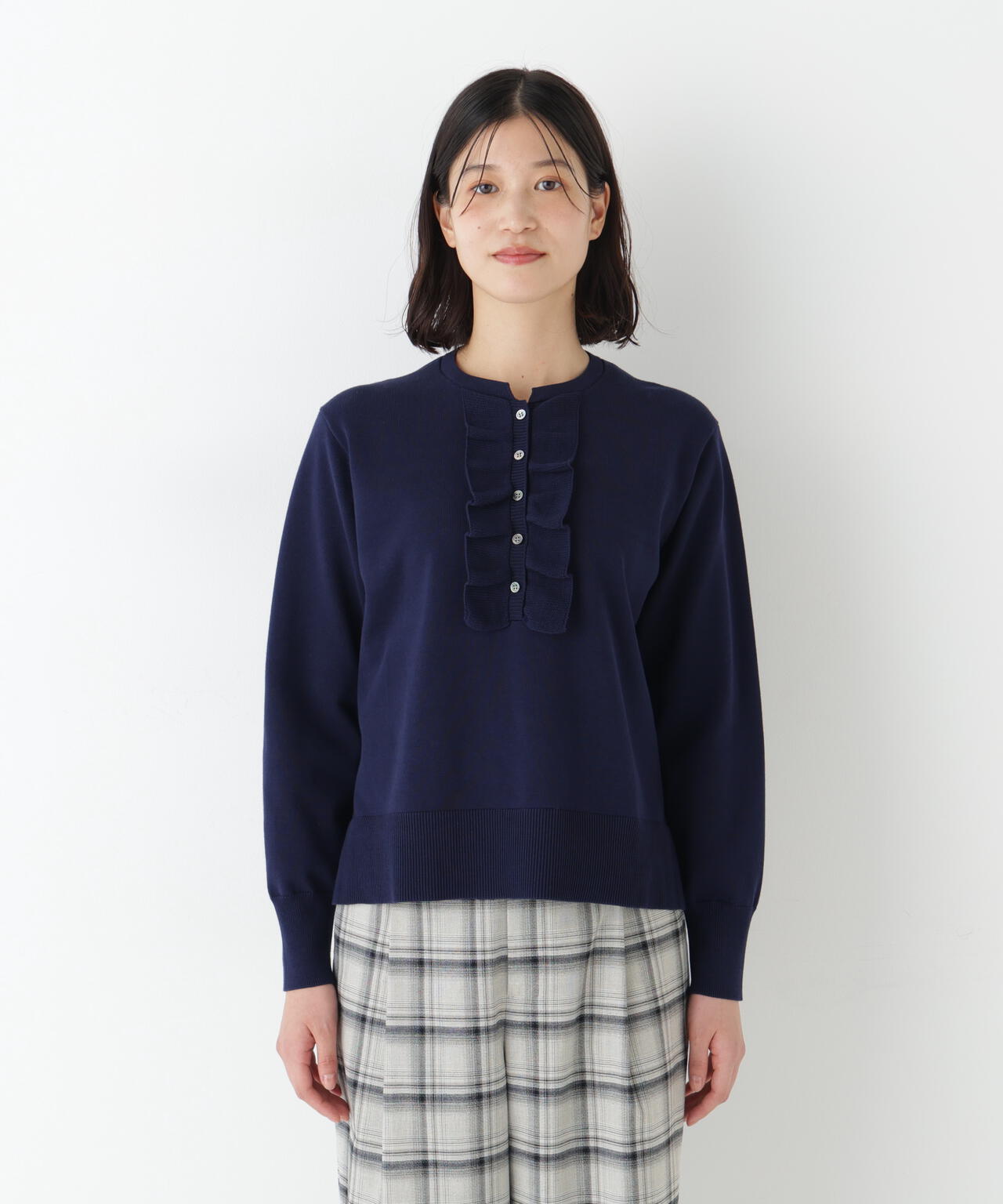 オーガニックコットン混プレーティング前立フリルプルオーバー