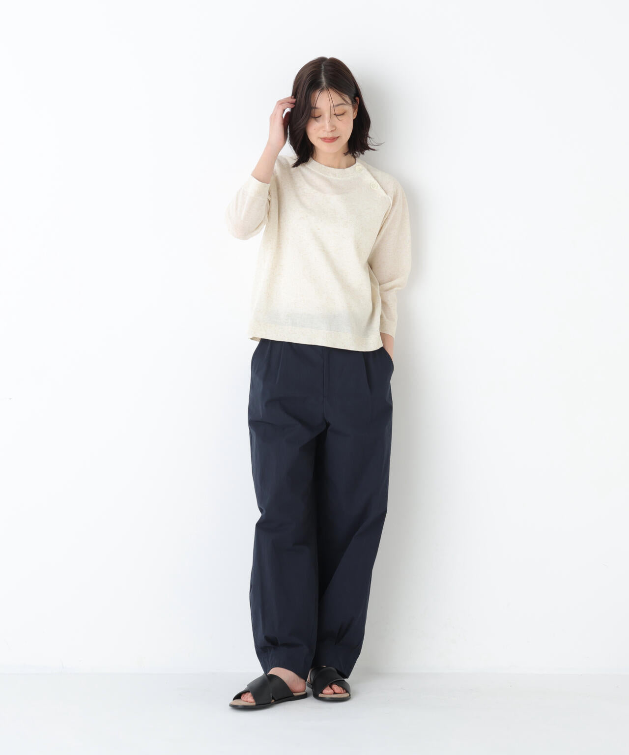 洗える》麻混6分袖ハイゲージニットプルオーバー | human woman