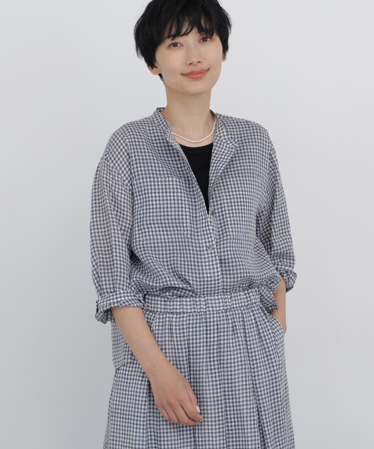 名品 / 洗える / セットアップ》ラミーギンガムチェック バンドカラー