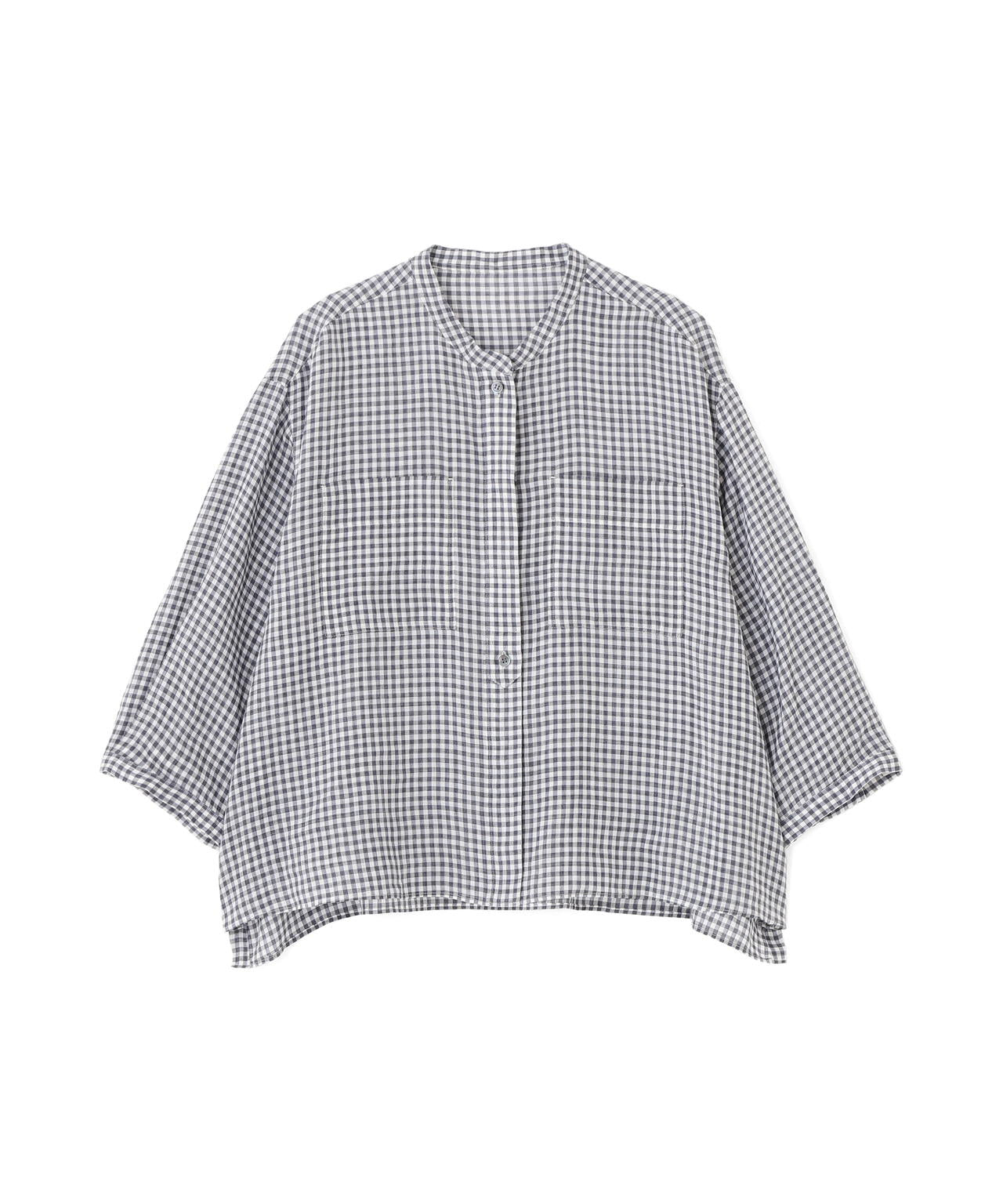 《名品 / 洗える / セットアップ》ラミーギンガムチェック バンドカラーシャツブラウス