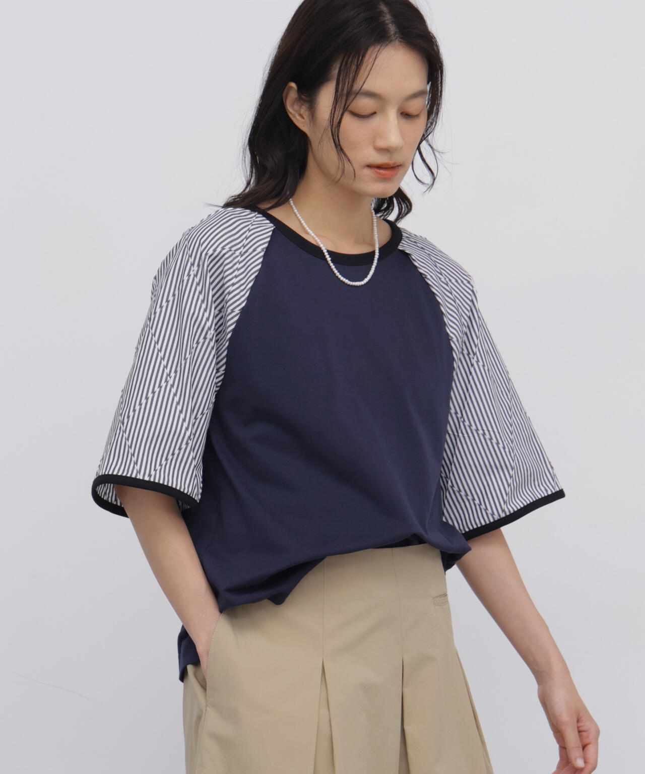 ストライプドッキング ラグランスリーブ リンガーTシャツ | human