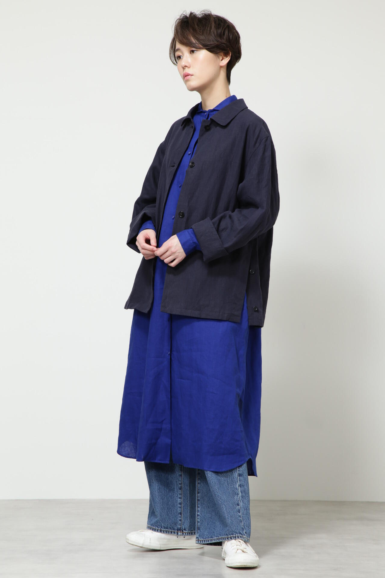 新品タグ付き HUMAN WOMAN×NATIC コラボ ロングコート ネイビー NATICコラボ スリットブルゾン | human woman（ヒューマンウーマン