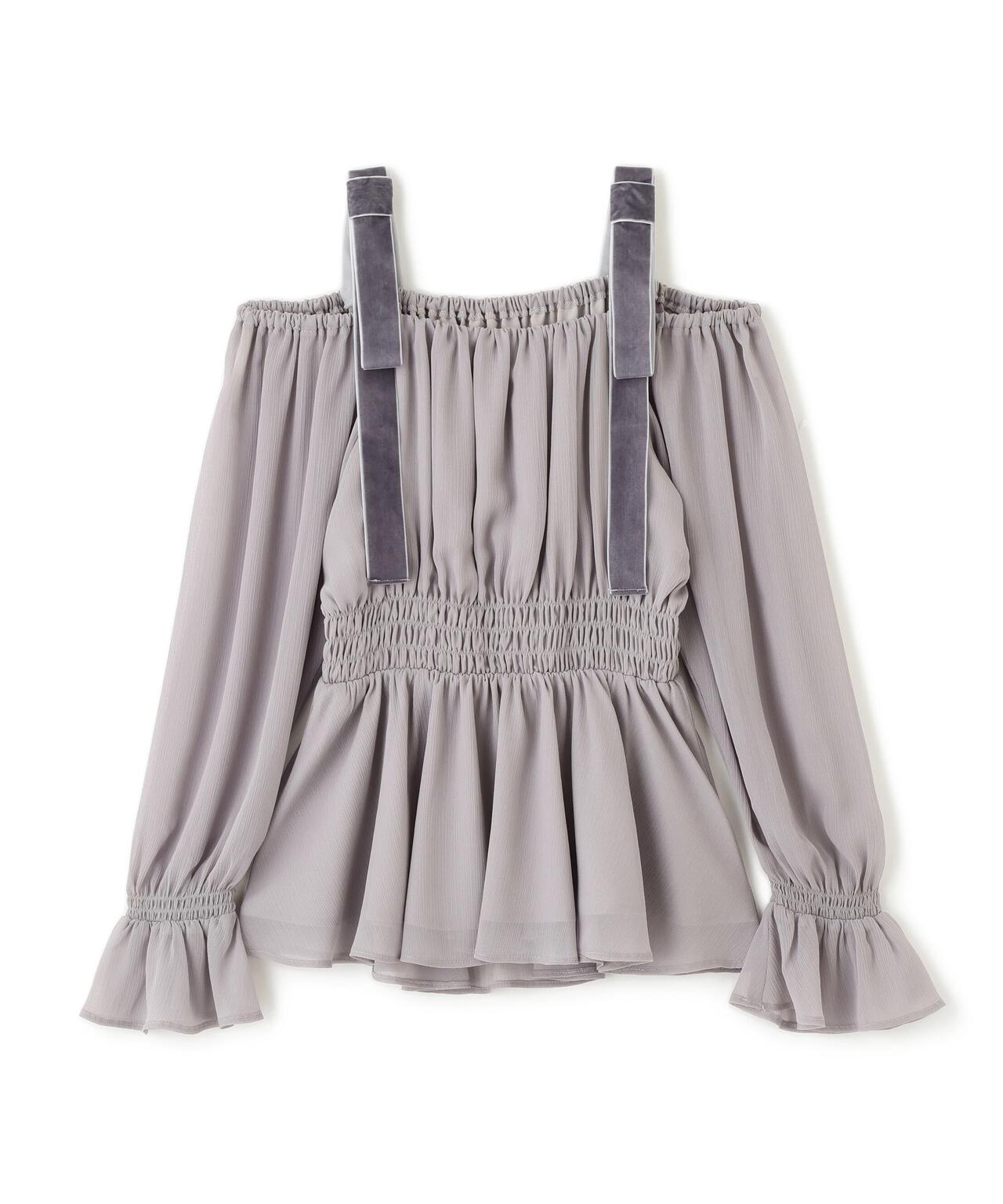 【松川星さん着用】ショルダーリボンシャーリングブラウス【グレー×ベルベット：official site限定】