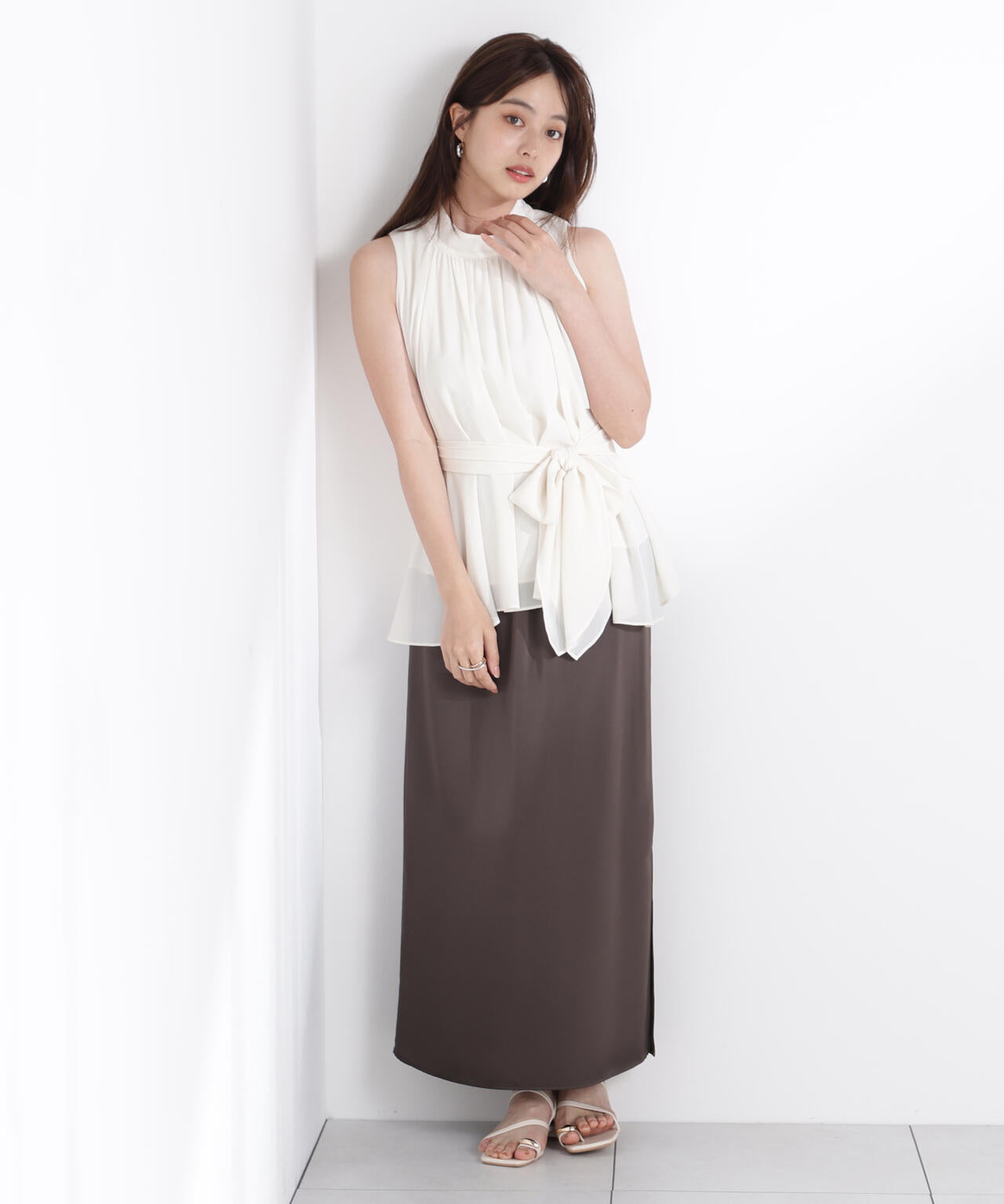 ベルト付楊柳ブラウス