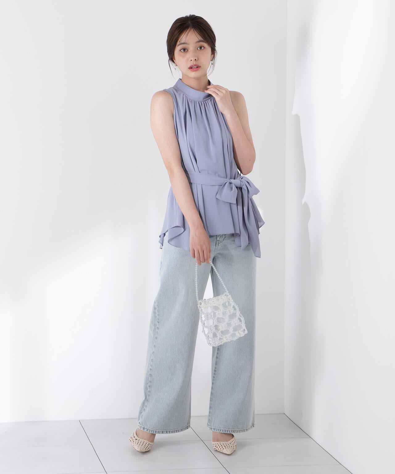 ベルト付楊柳ブラウス