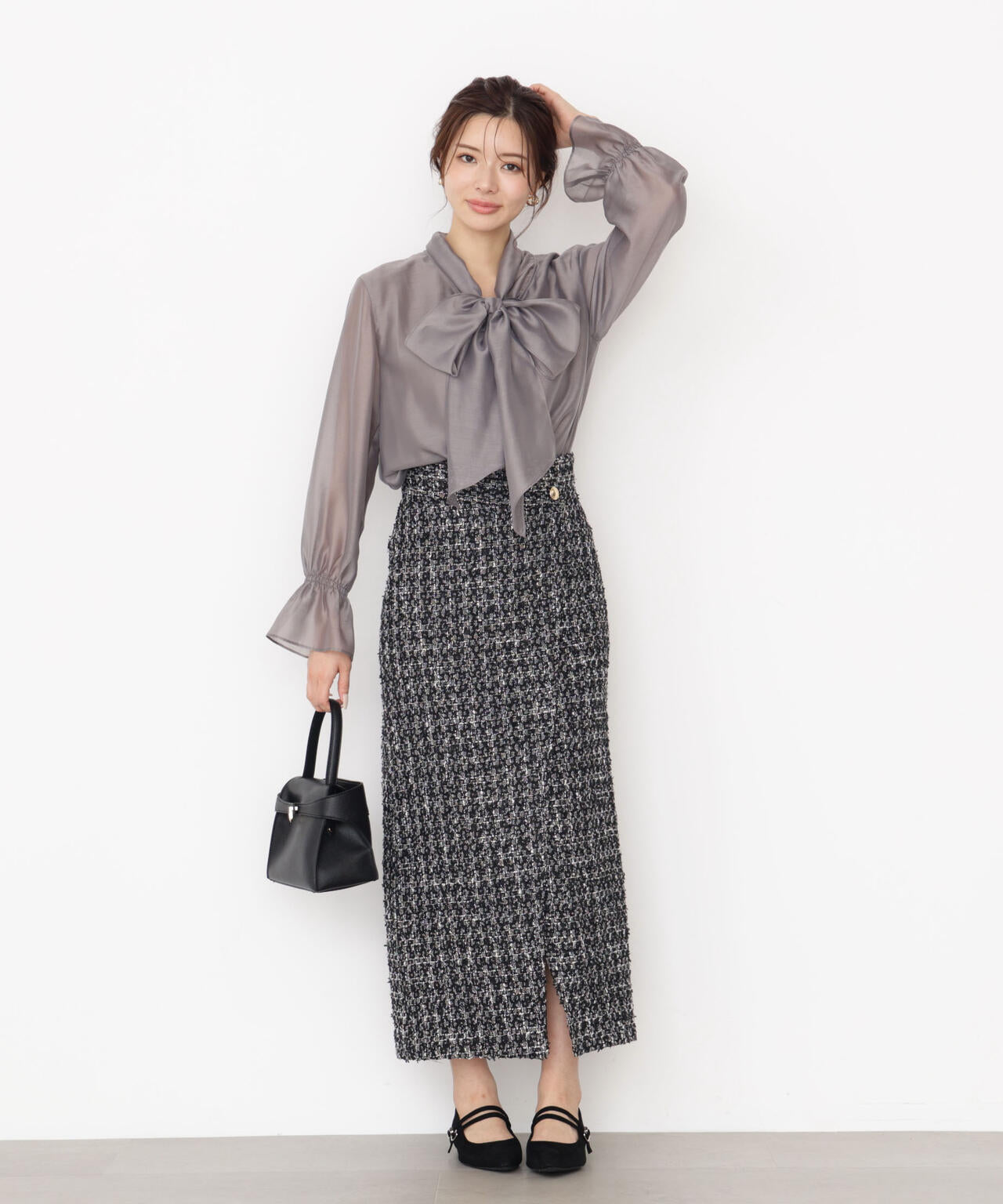 松川星さん着用】＜ウォッシャブル＞シアーボウタイブラウス