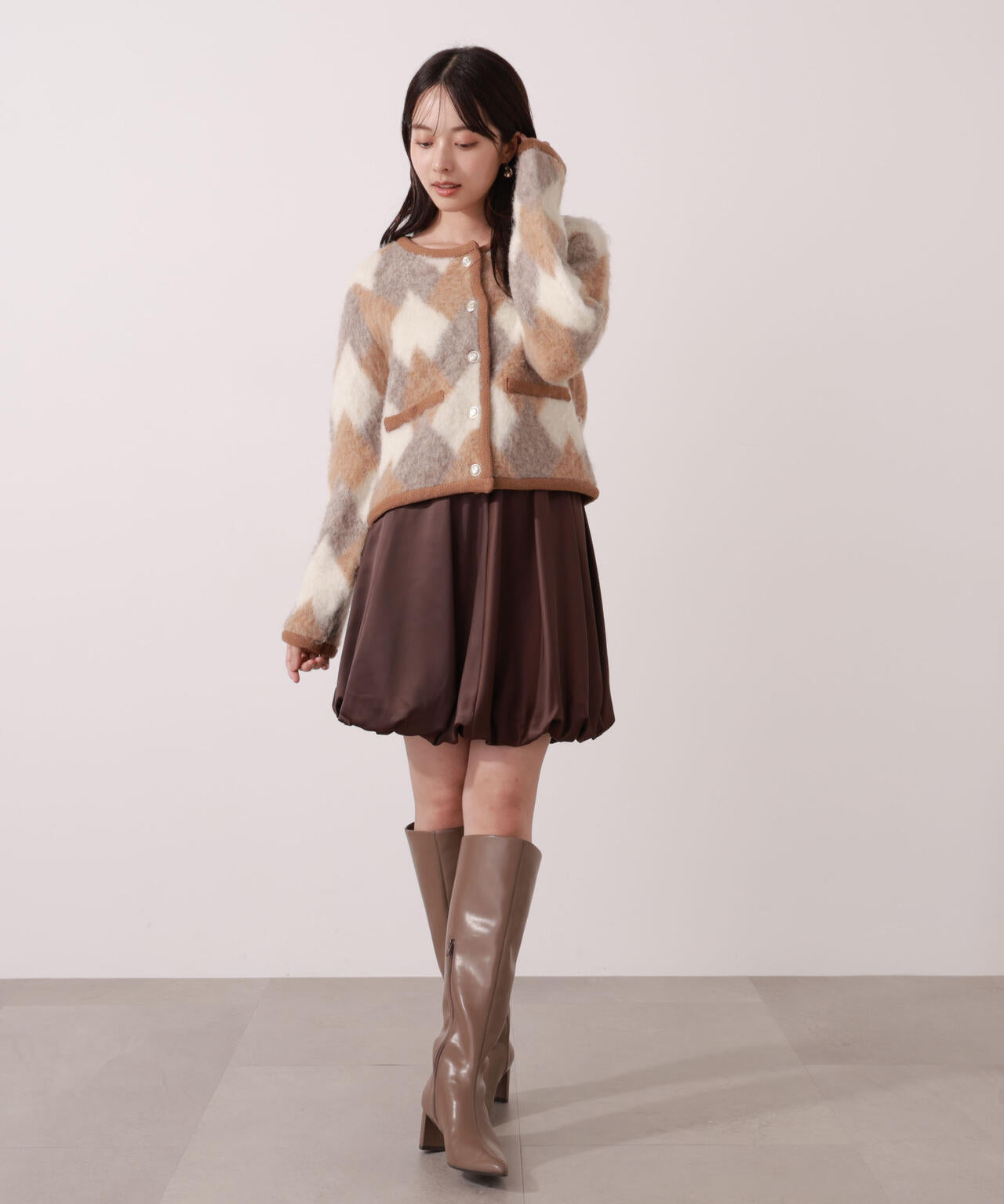 美品 アシードンクラウド ゴブラン生地/ツイード エプロンスカート 日本製 青島心さん着用】＜ウォッシャブル＞バルーンミニスカート