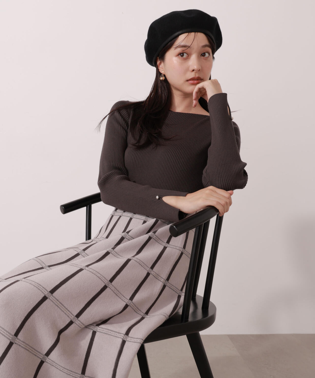 チェック柄ジャガードニットワンピース【ボルドー：official site限定