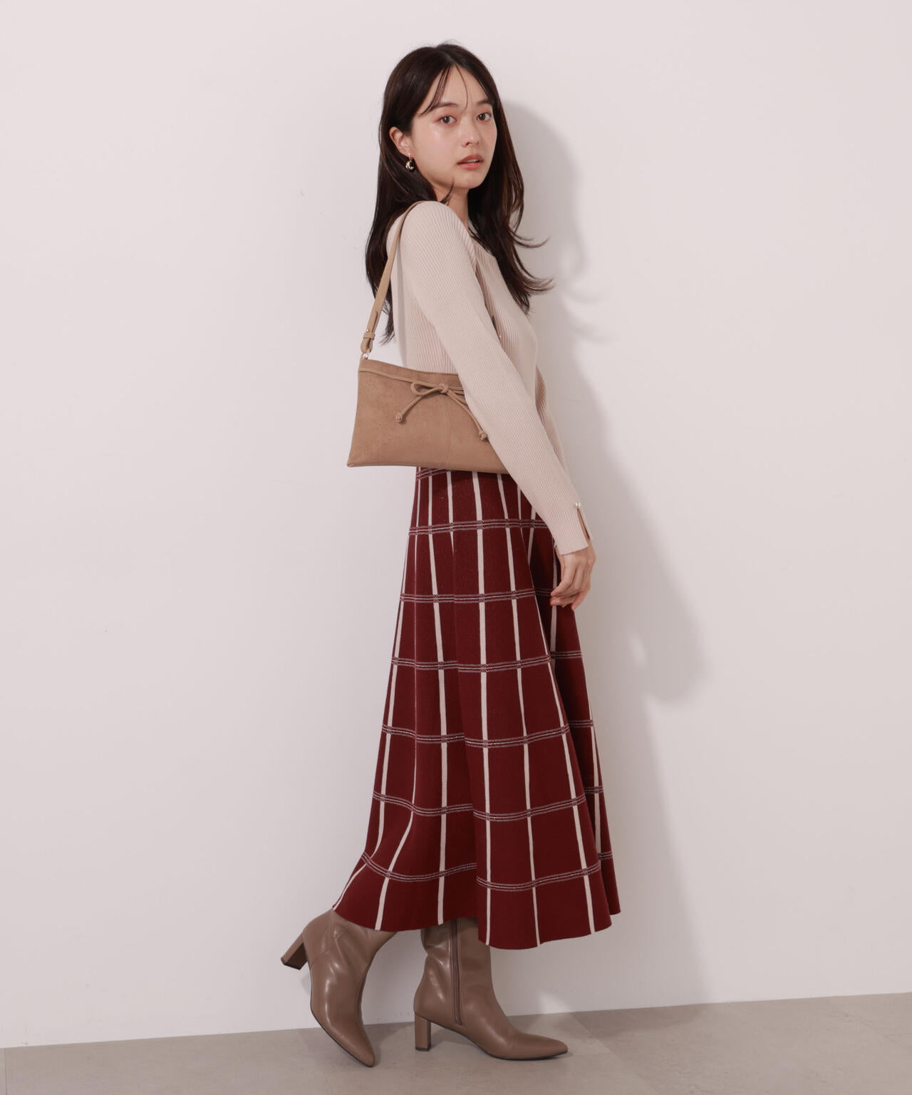 チェック柄ジャガードニットワンピース【ボルドー：official site限定】