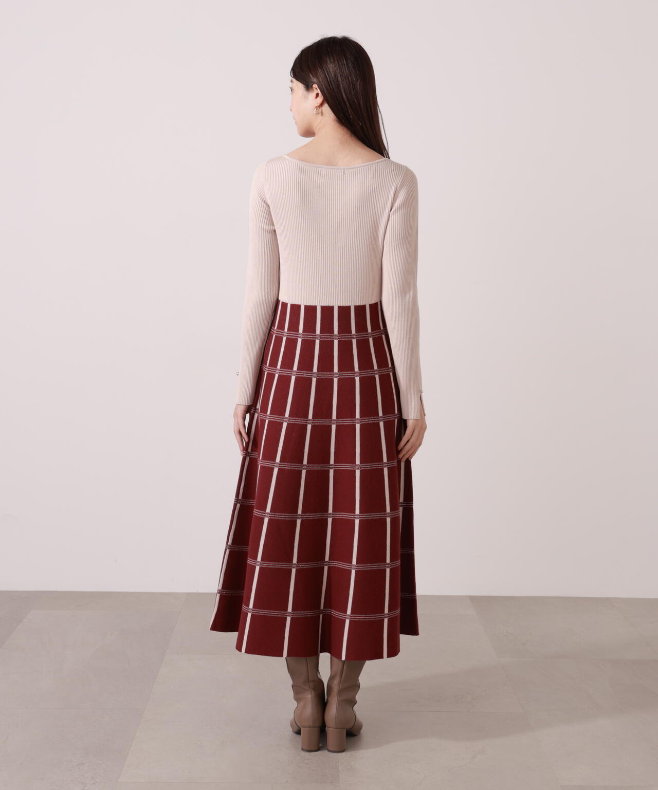 チェック柄ジャガードニットワンピース【ボルドー：official site限定】