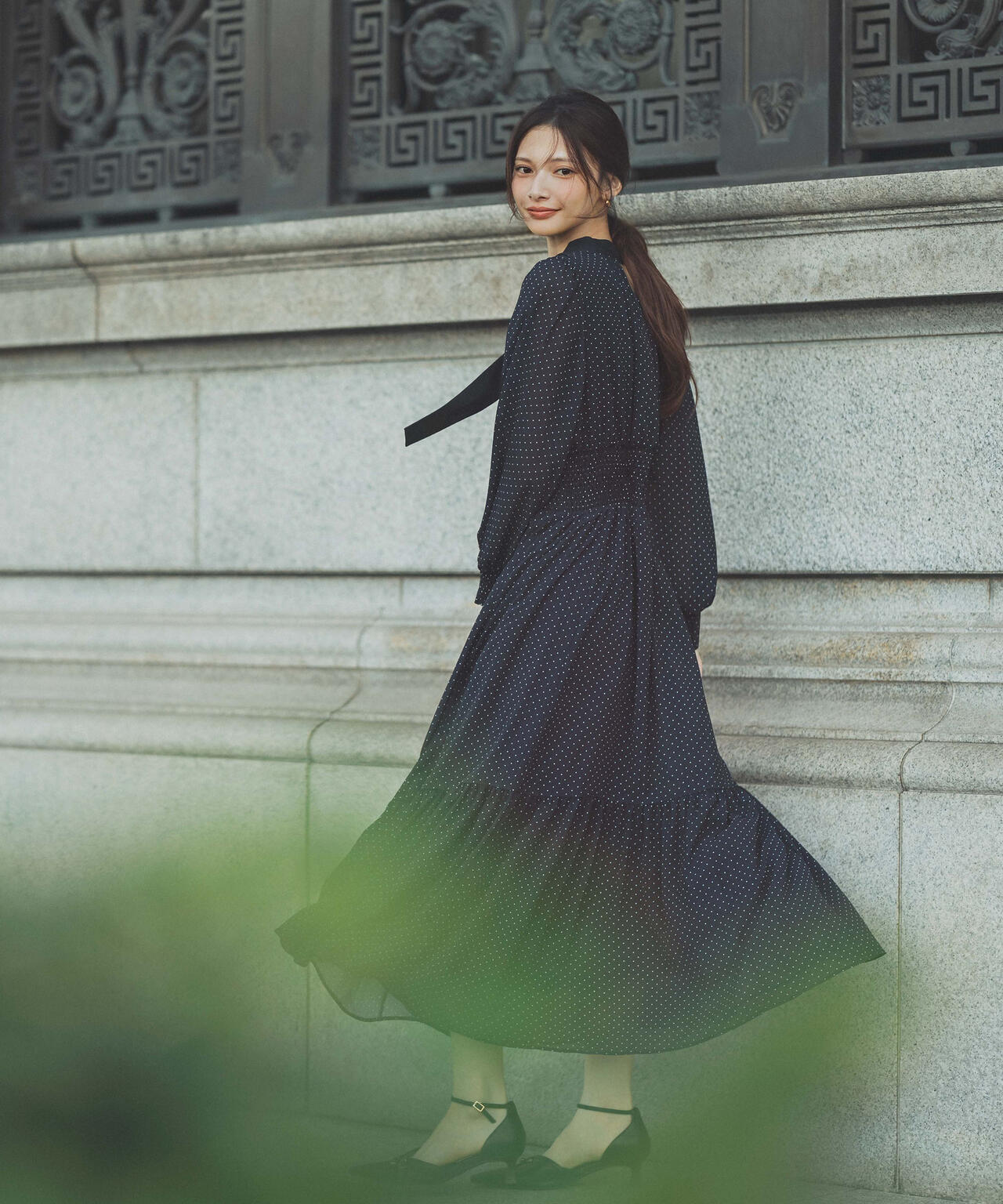 【試着のみoverE】ウエストシャーリングワンピース 25SS 最終価格 ウエストシャーリングワンピース 25SS：ブラックドット│胸が