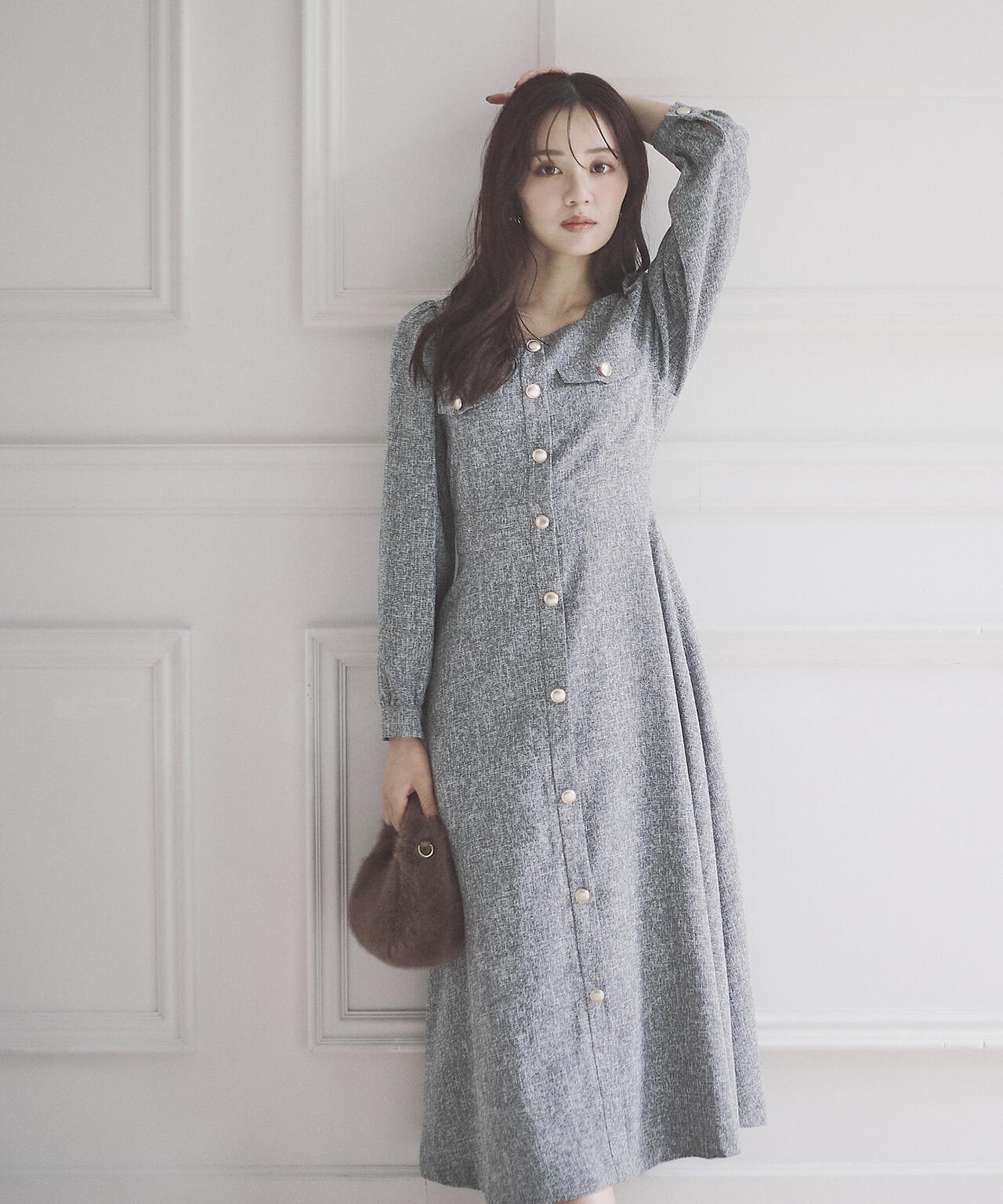 【青島心さん着用】フロント釦ツイードワンピース