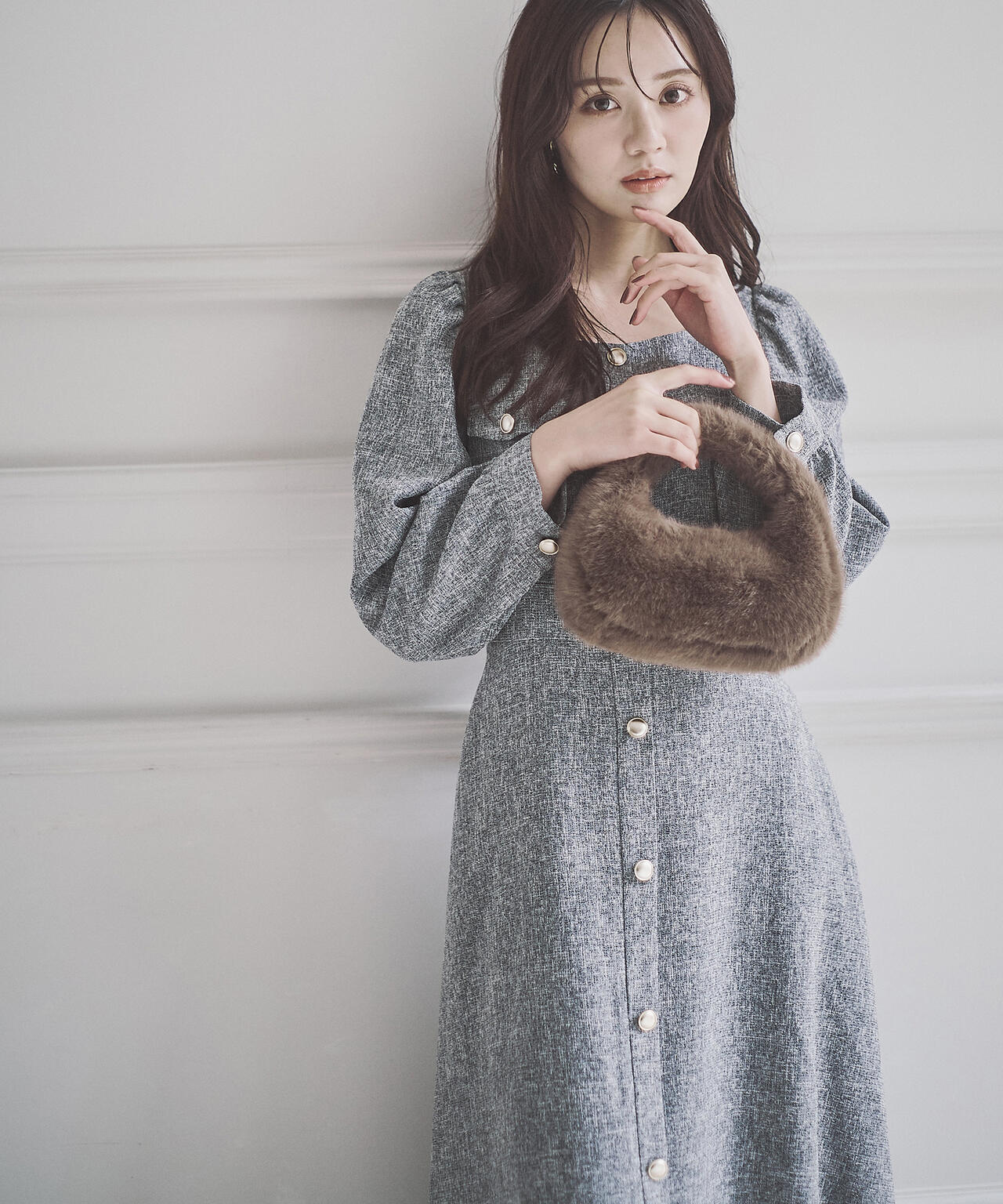 【青島心さん着用】フロント釦ツイードワンピース
