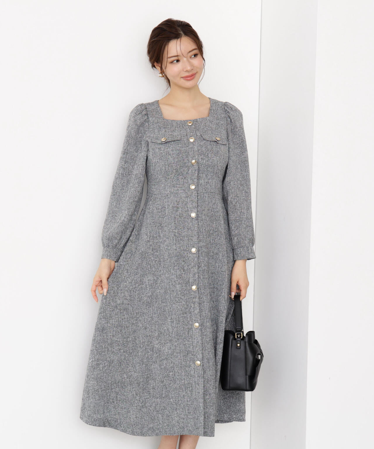 【青島心さん着用】フロント釦ツイードワンピース