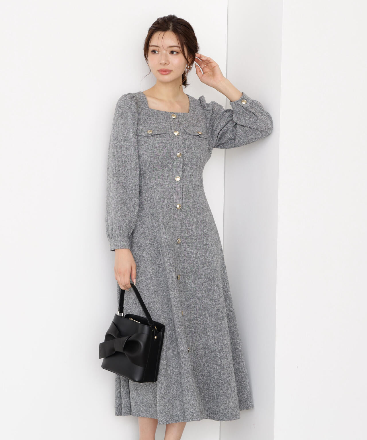 【青島心さん着用】フロント釦ツイードワンピース