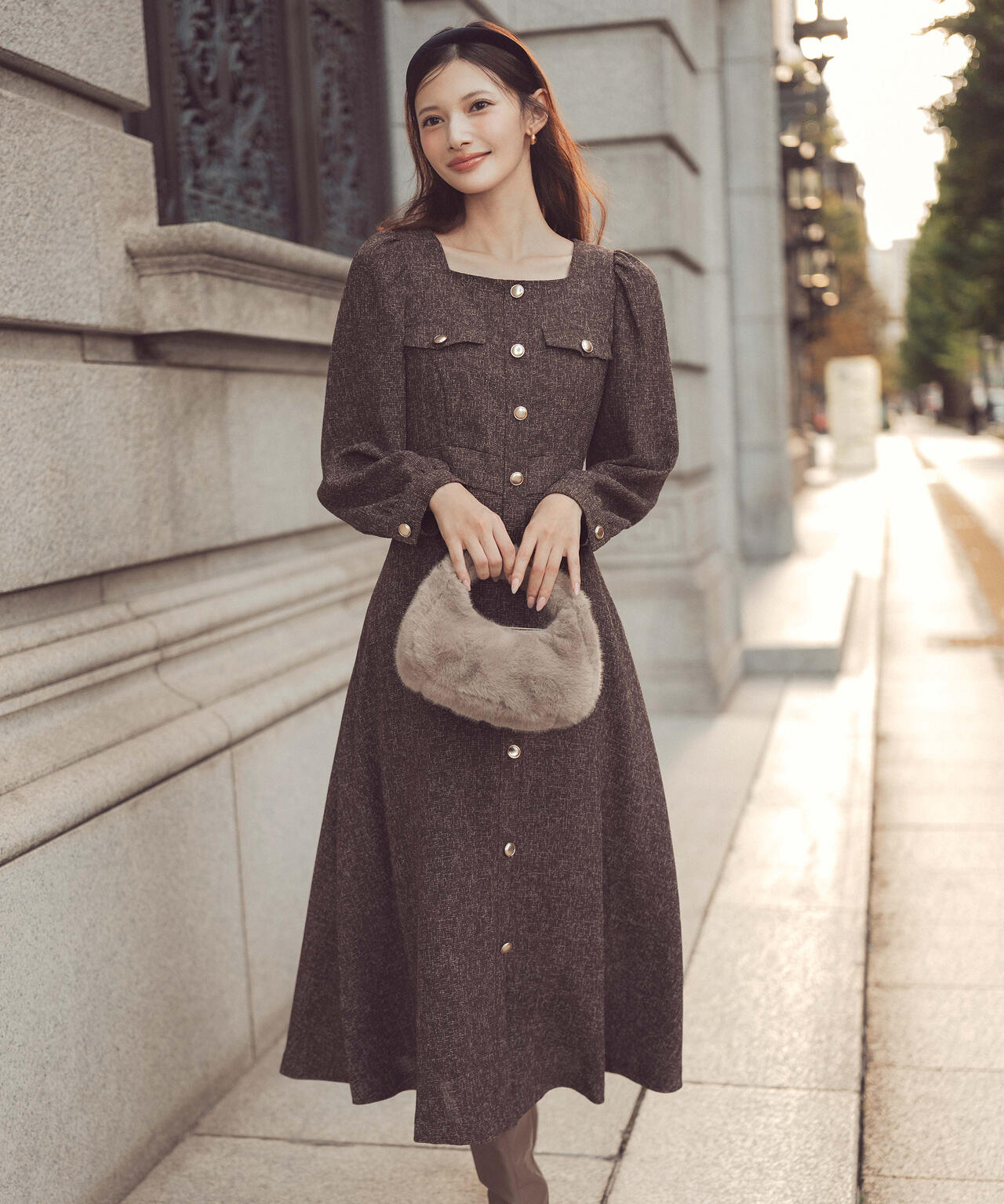 青島心さん着用】フロント釦ツイードワンピース | PROPORTION BODY