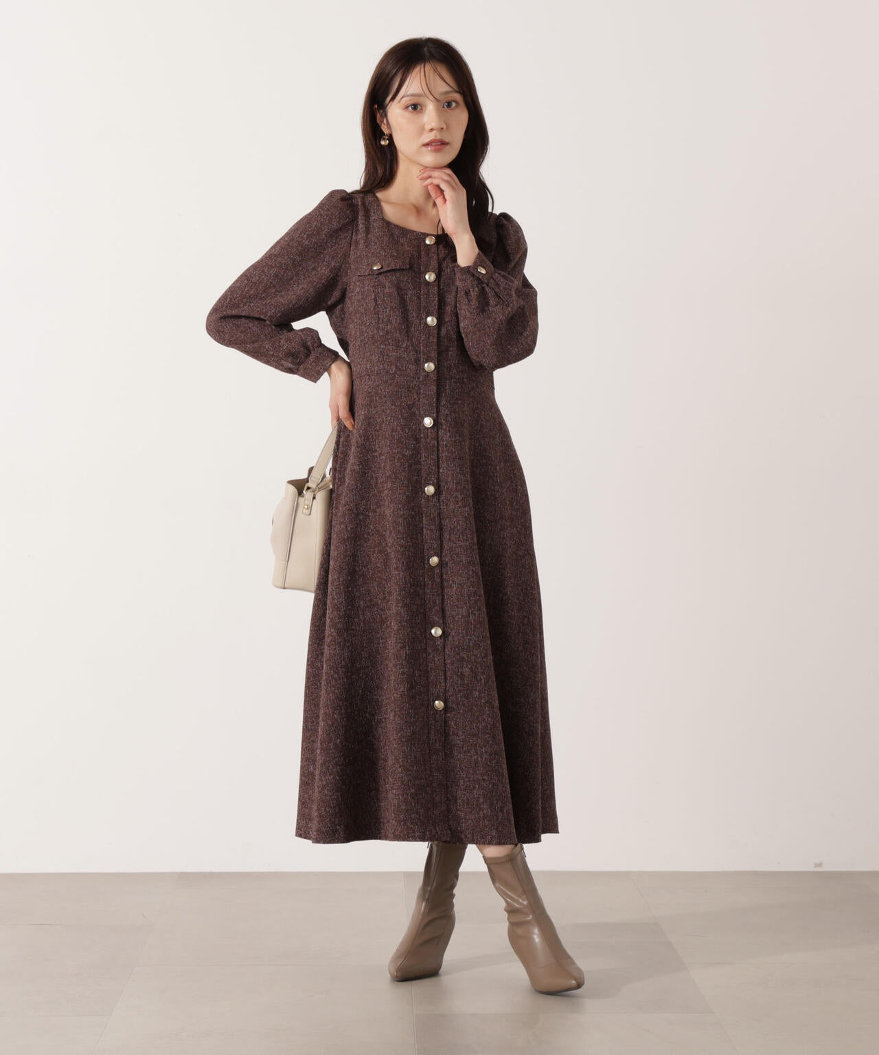 【青島心さん着用】フロント釦ツイードワンピース