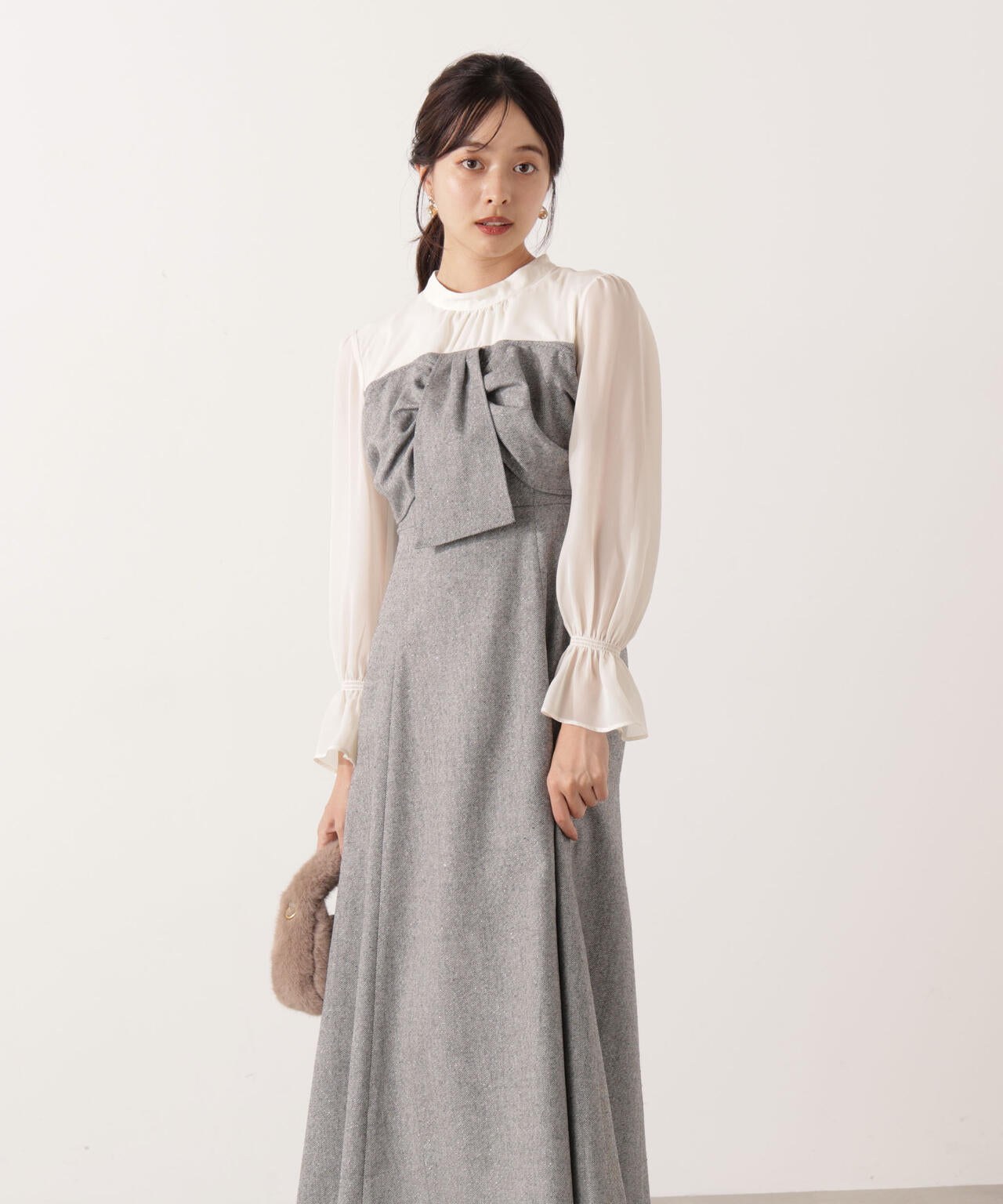 フロントリボンミックスドッキングワンピース