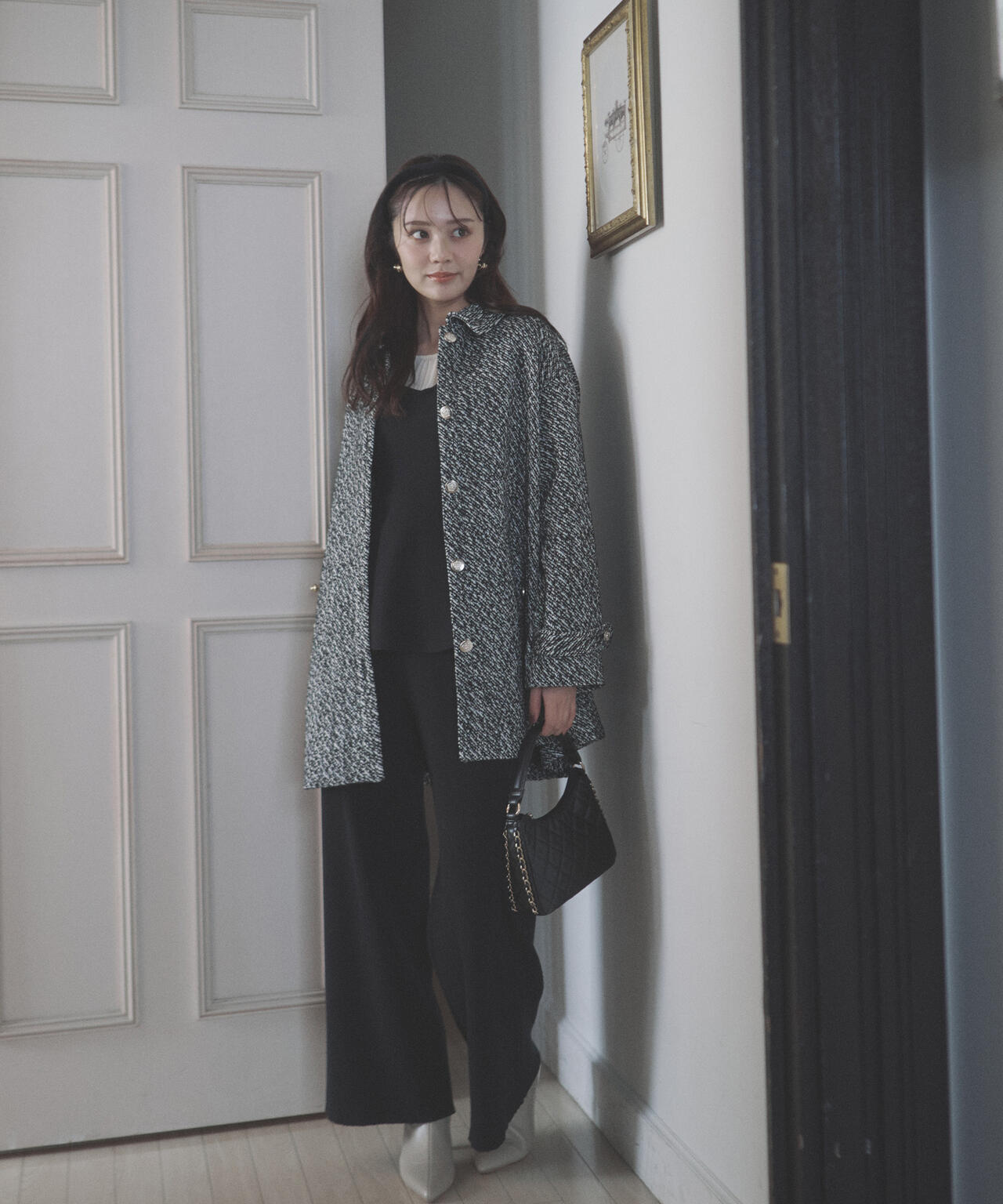 【青島心さん着用】金ボタン付きツイードミドルジャケット