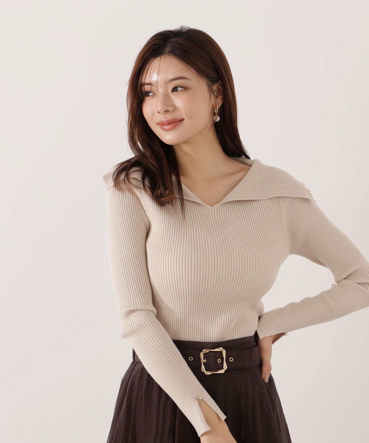 【青島心さん着用】オープンカラーリブニット