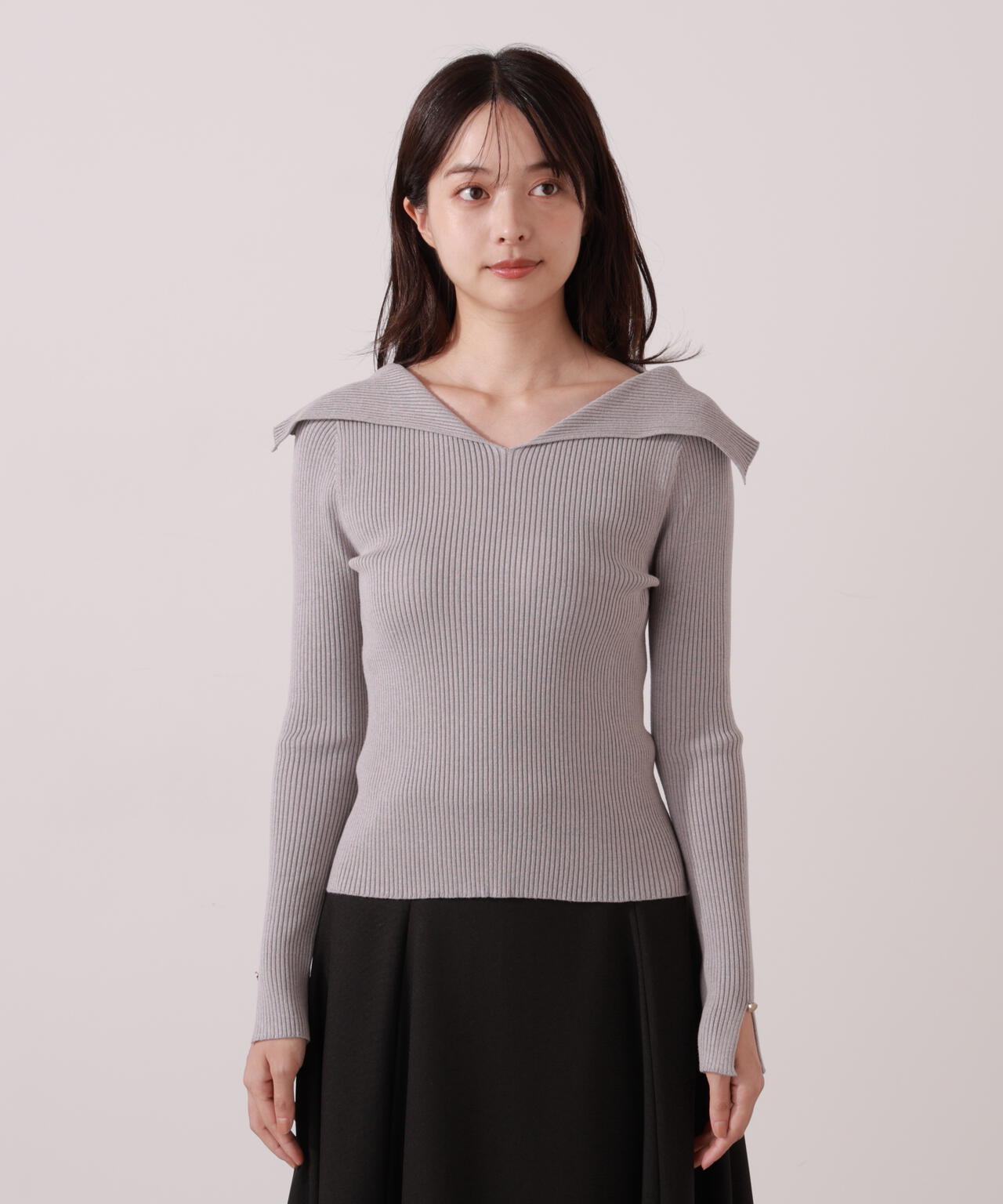 【青島心さん着用】オープンカラーリブニット