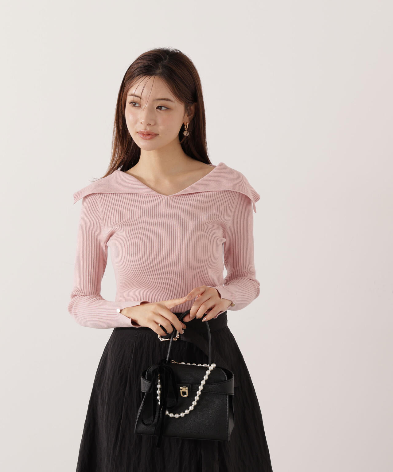 【青島心さん着用】オープンカラーリブニット